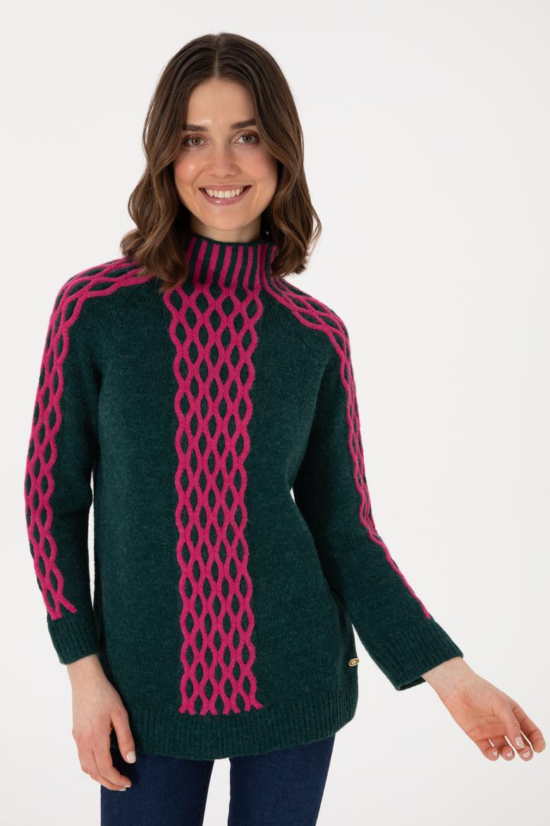 Kadın Koyu Yeşil Bisiklet Yaka Kazak - 50293139021