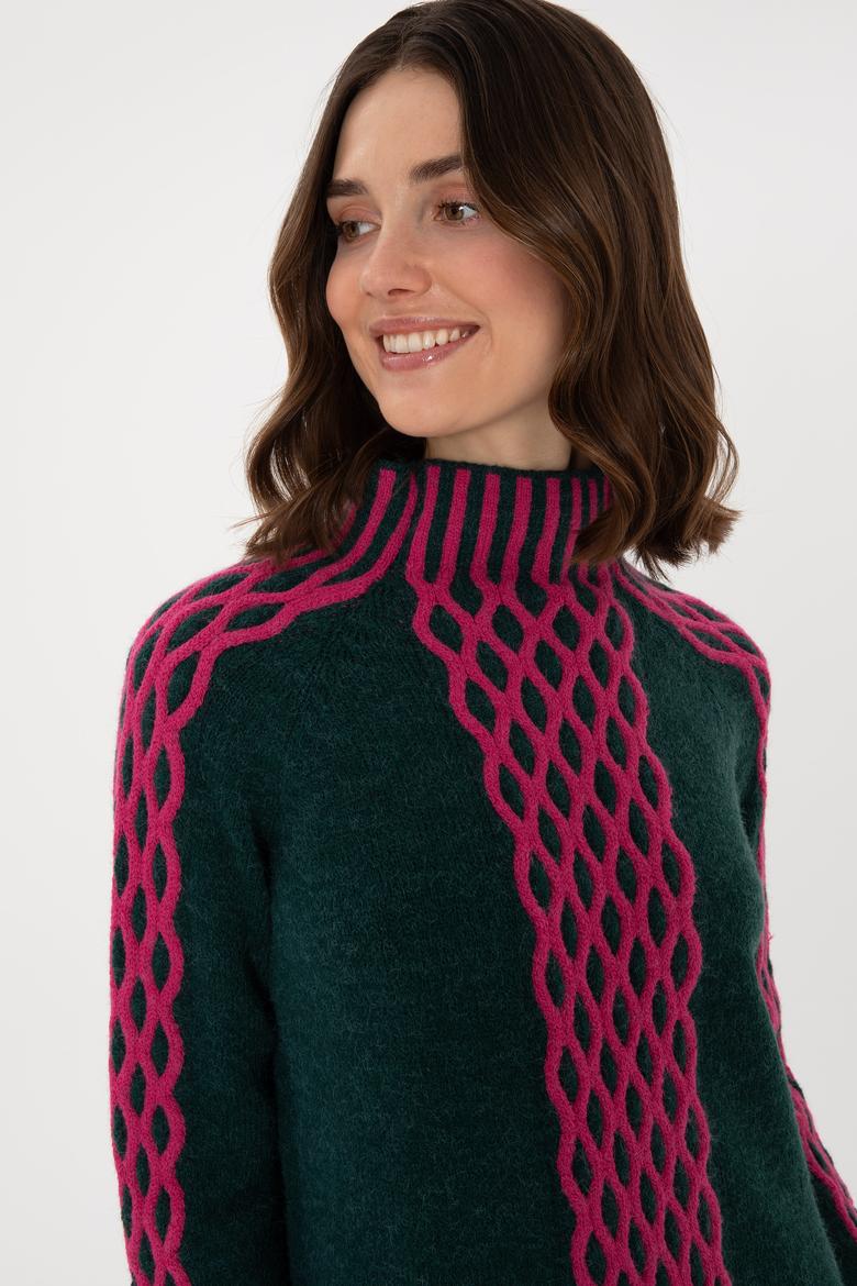 Kadın Koyu Yeşil Bisiklet Yaka Kazak - 50293139021