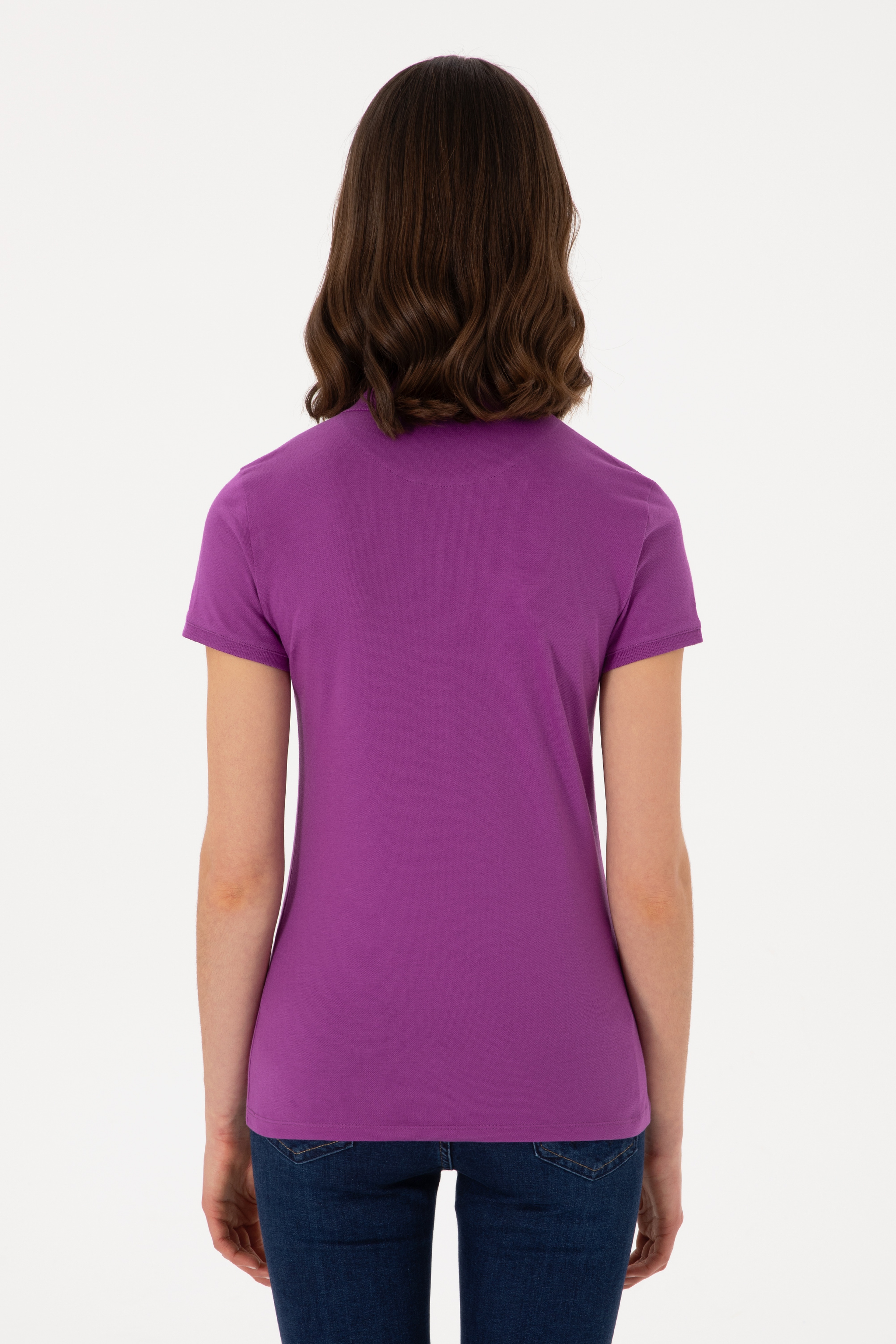Kadın Mor Basic Polo Yaka Tişört - Image 5