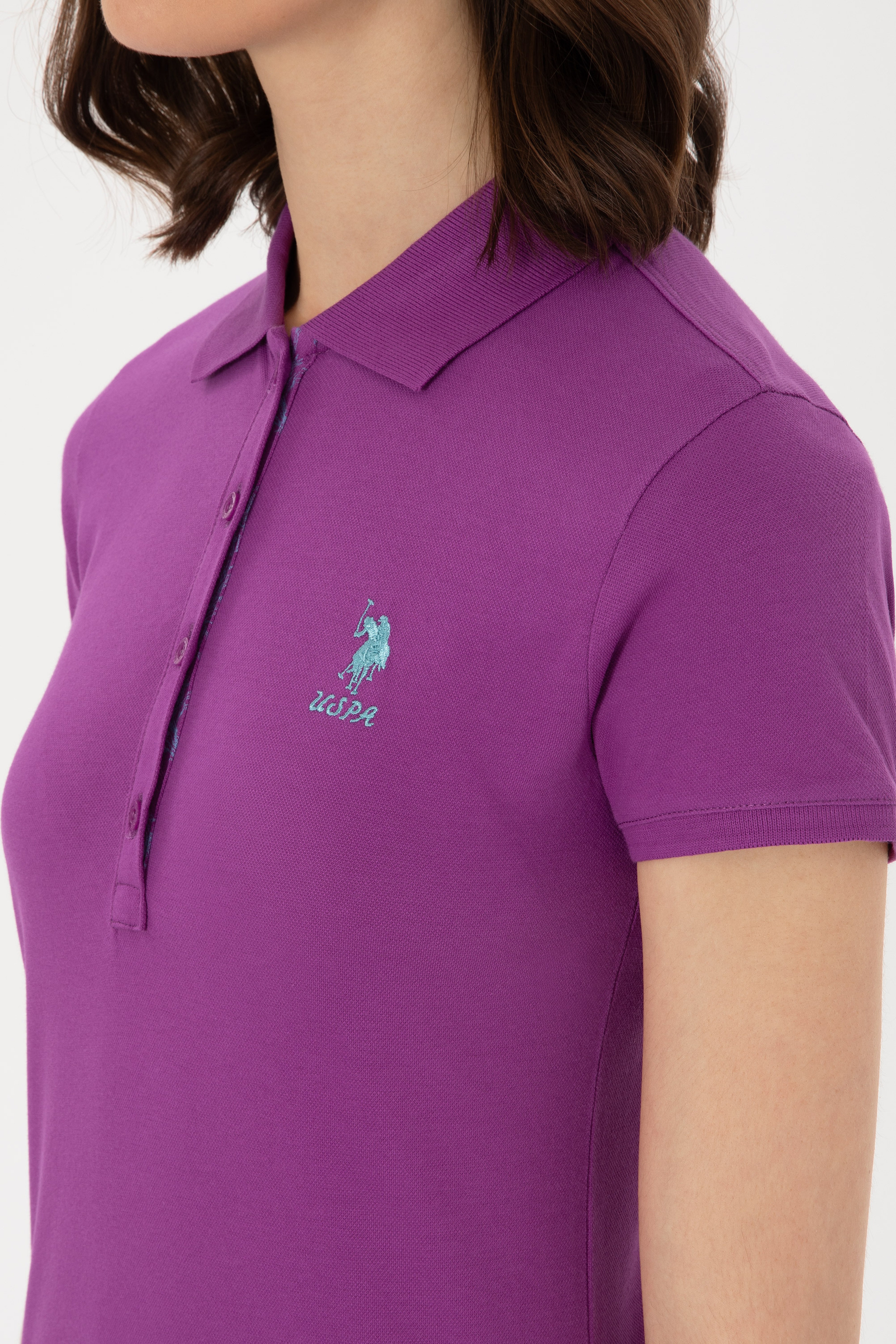 Kadın Mor Basic Polo Yaka Tişört - Image 7