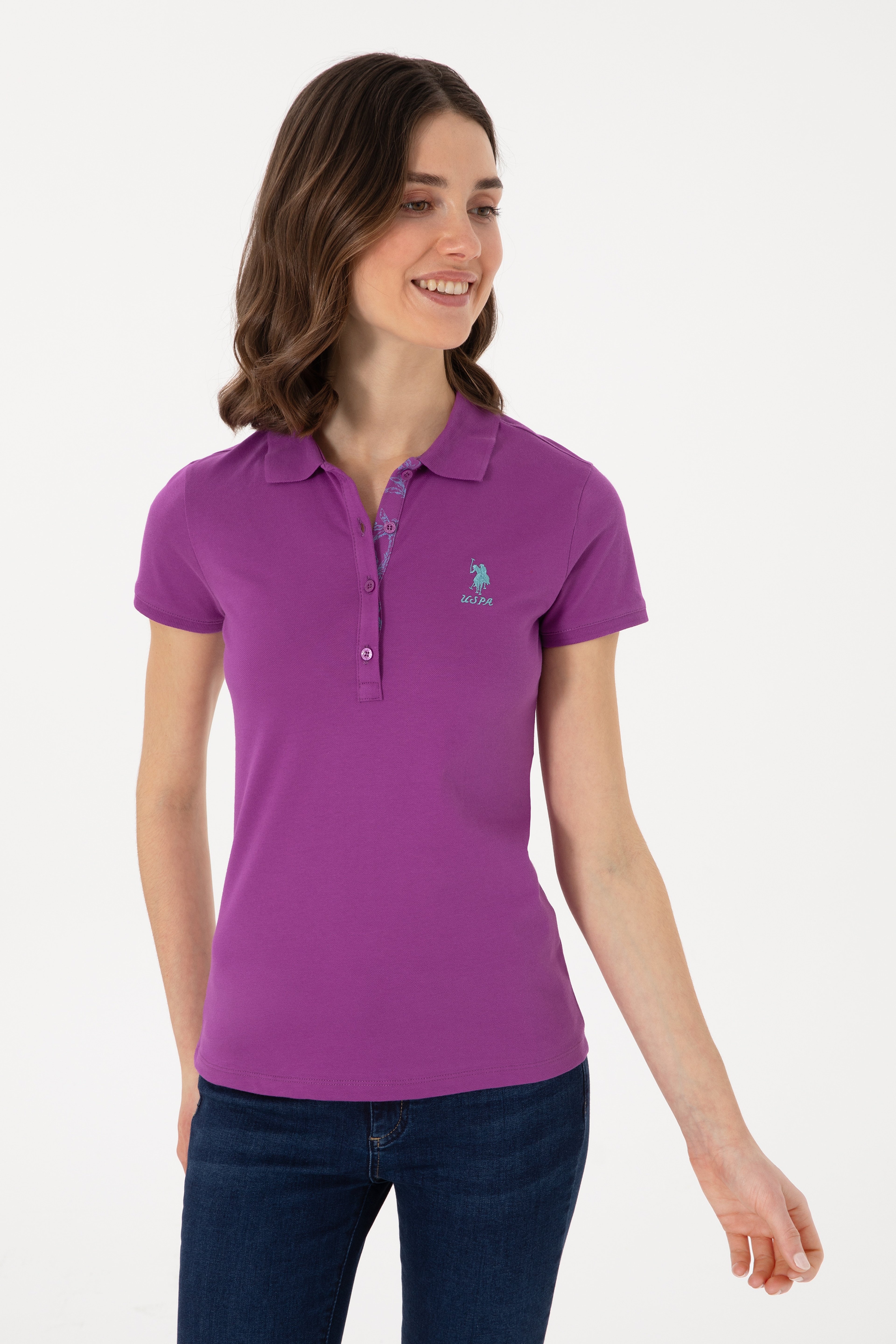 Kadın Mor Basic Polo Yaka Tişört - Image 3