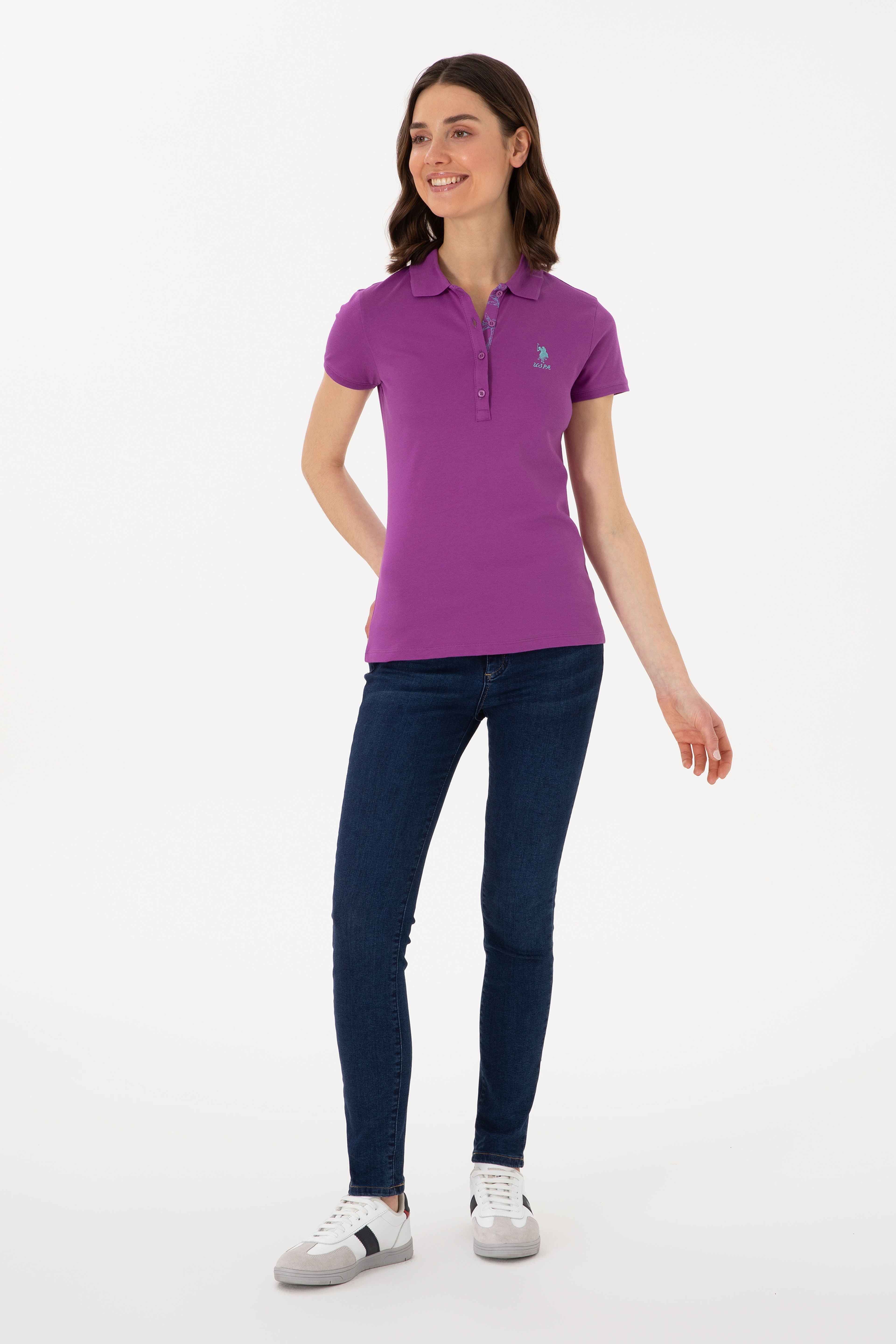 Kadın Mor Basic Polo Yaka Tişört - Image 4
