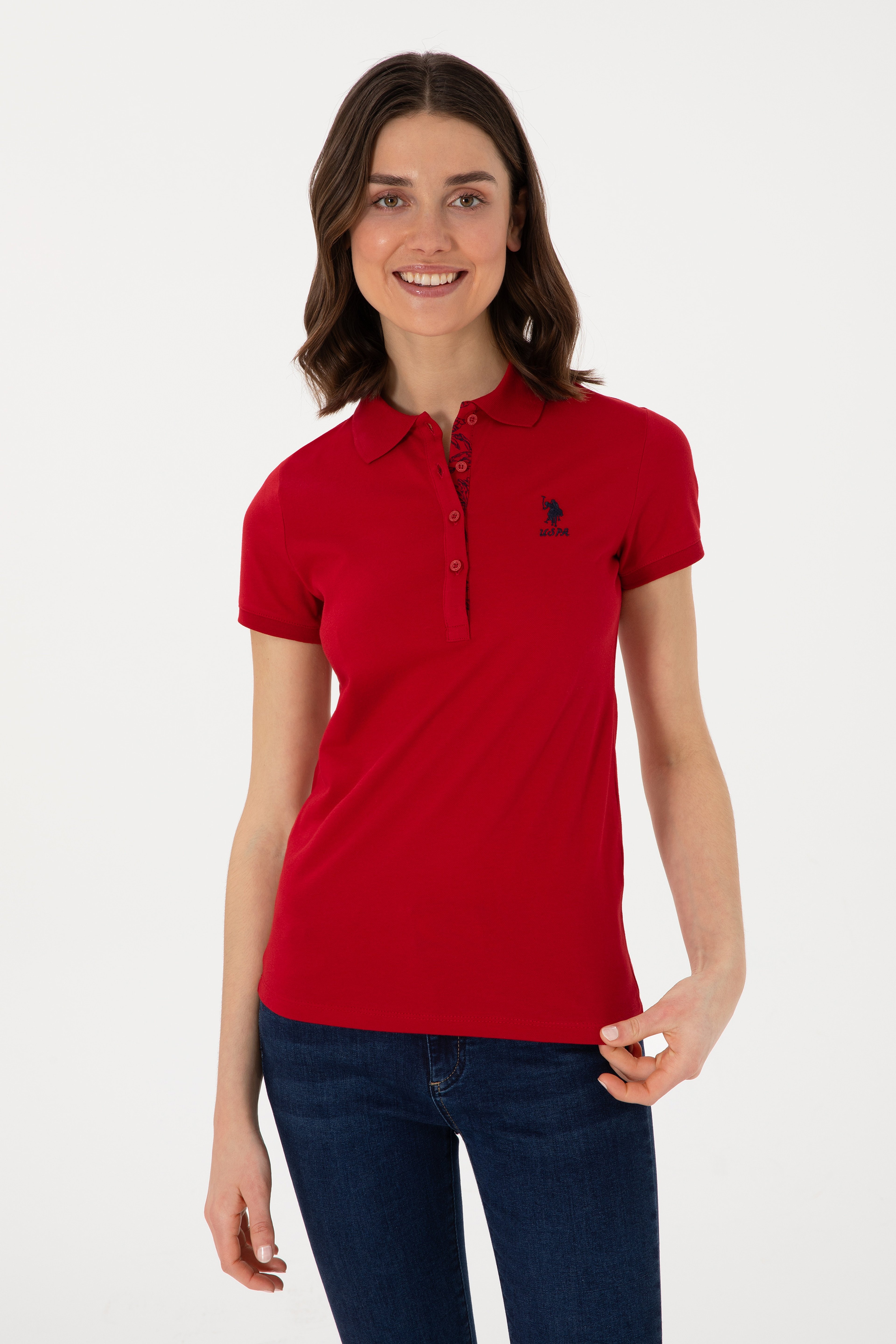 Kadın Kırmızı Basic Polo Yaka Tişört - Image 3
