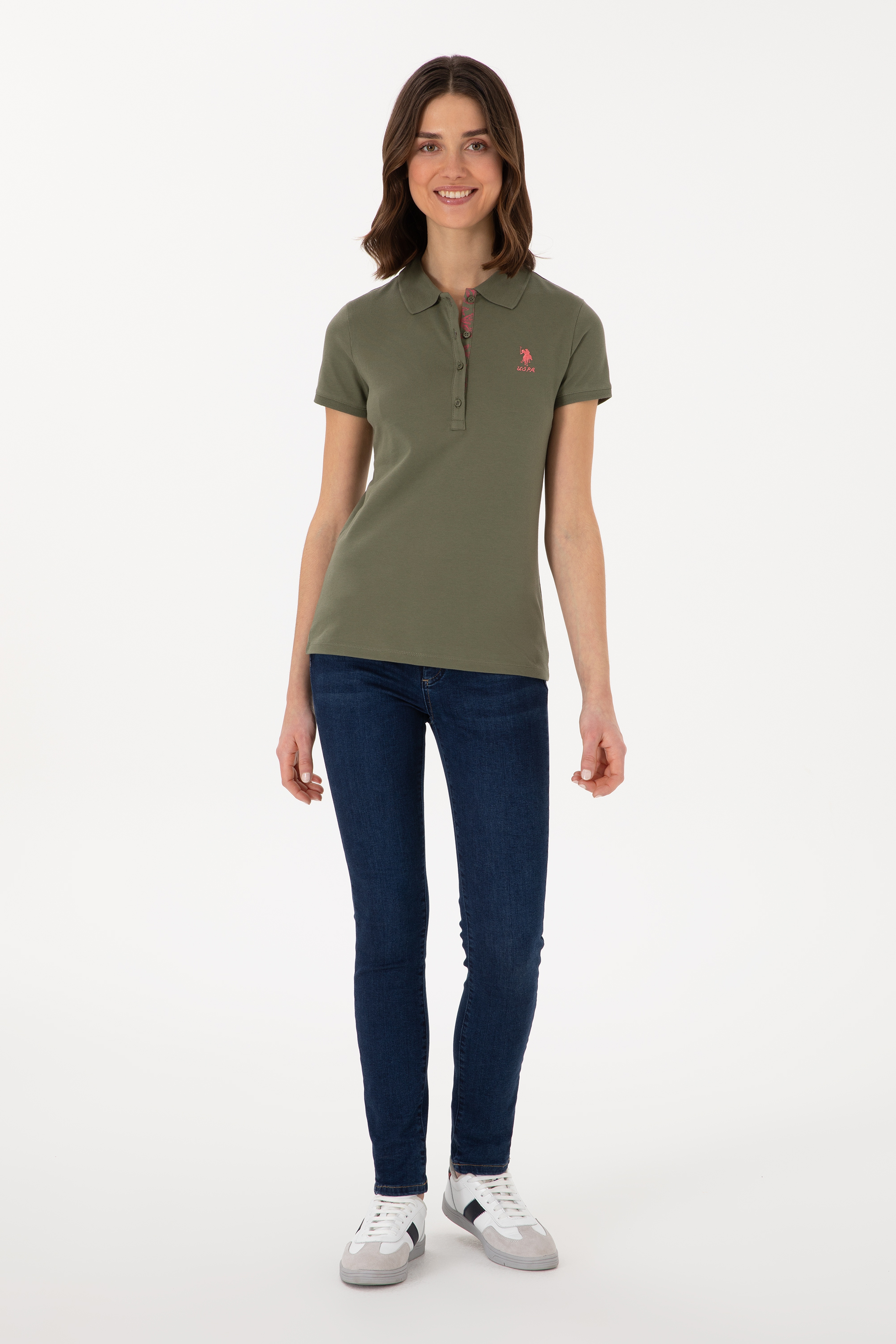 Kadın Koyu Haki Basic Polo Yaka Tişört - Image 4