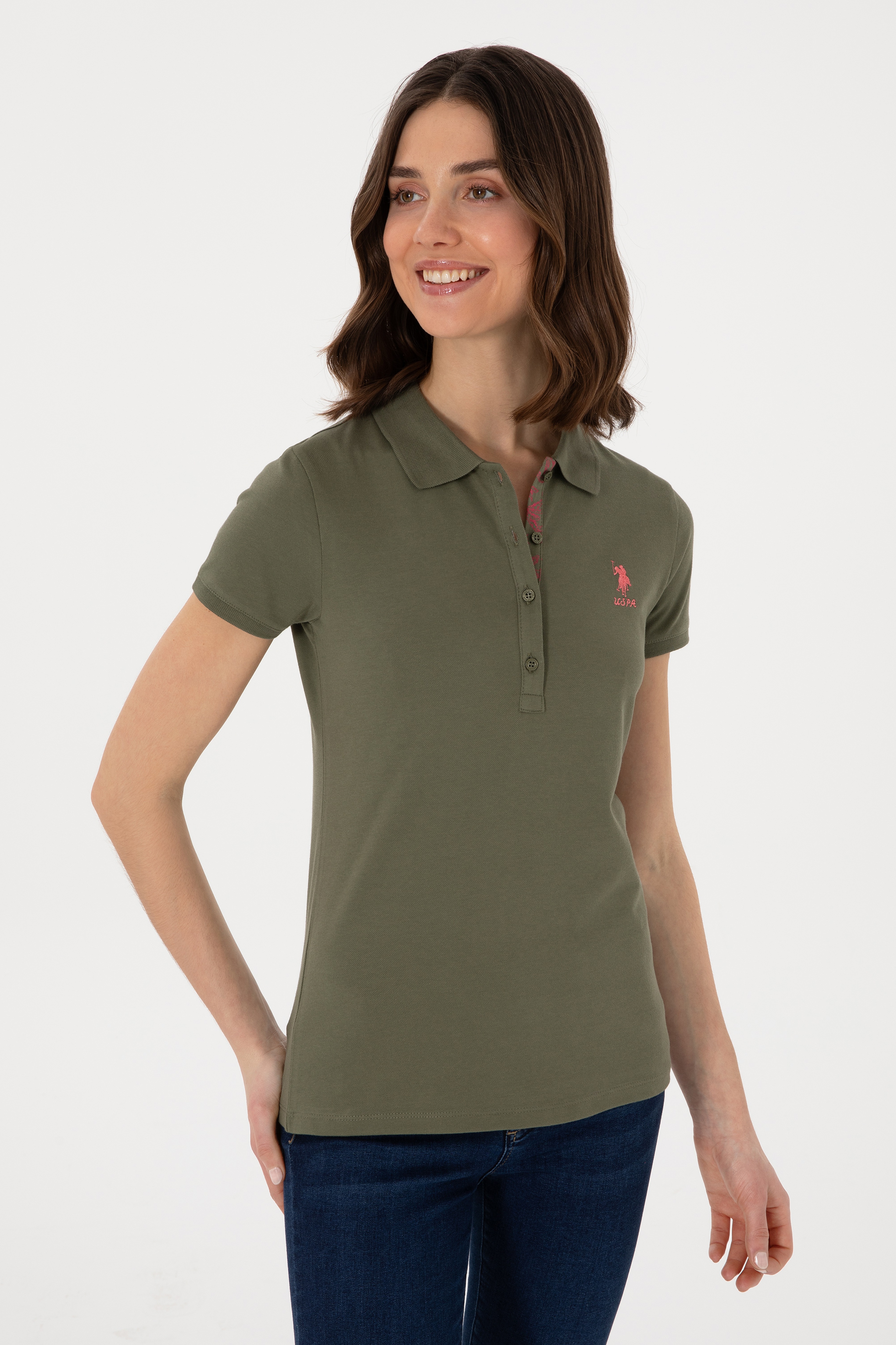 Kadın Koyu Haki Basic Polo Yaka Tişört - Image 3