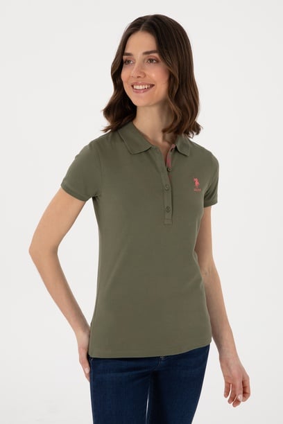 Kadın Koyu Haki Basic Polo Yaka Tişört