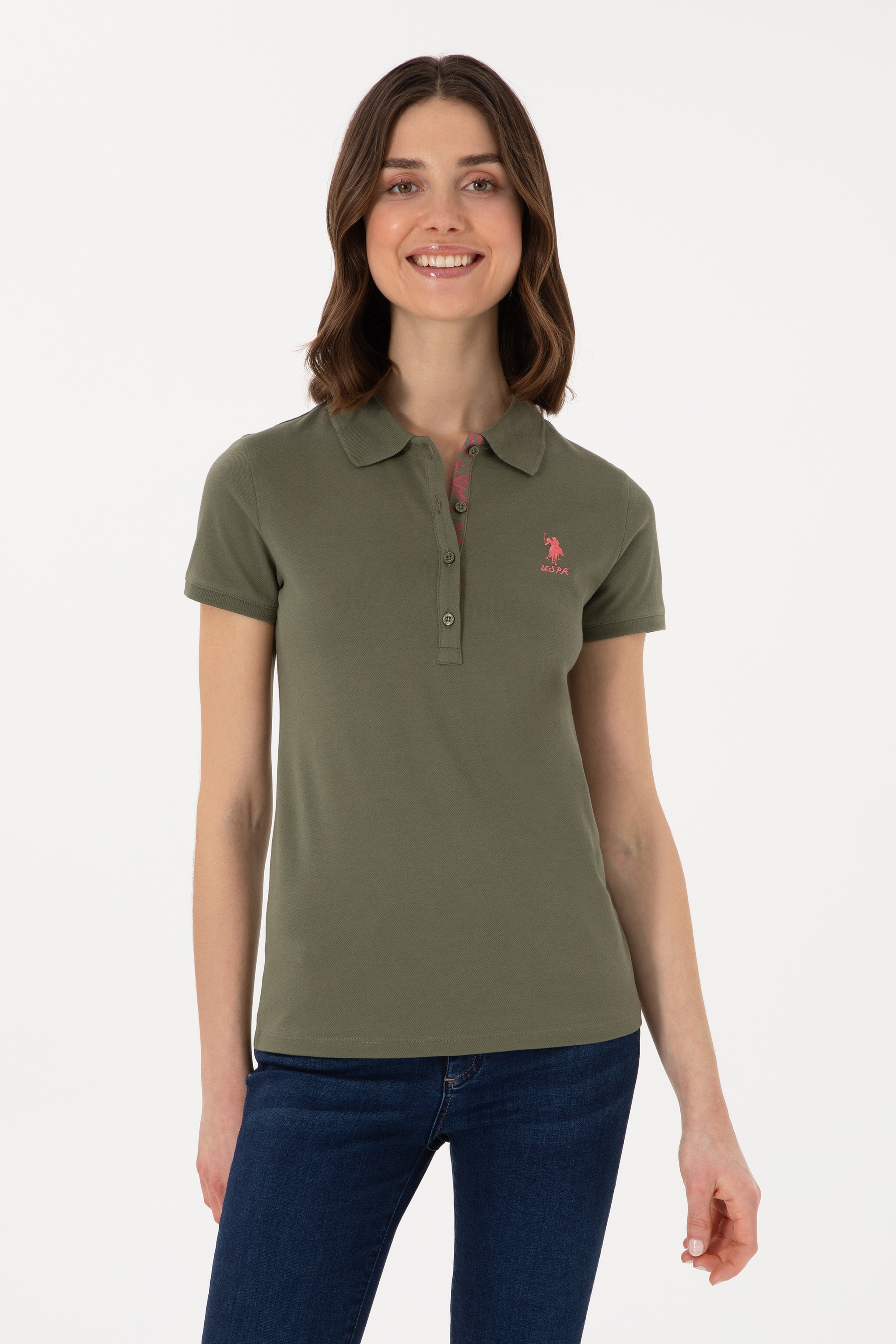 Kadın Koyu Haki Basic Polo Yaka Tişört - Image 1