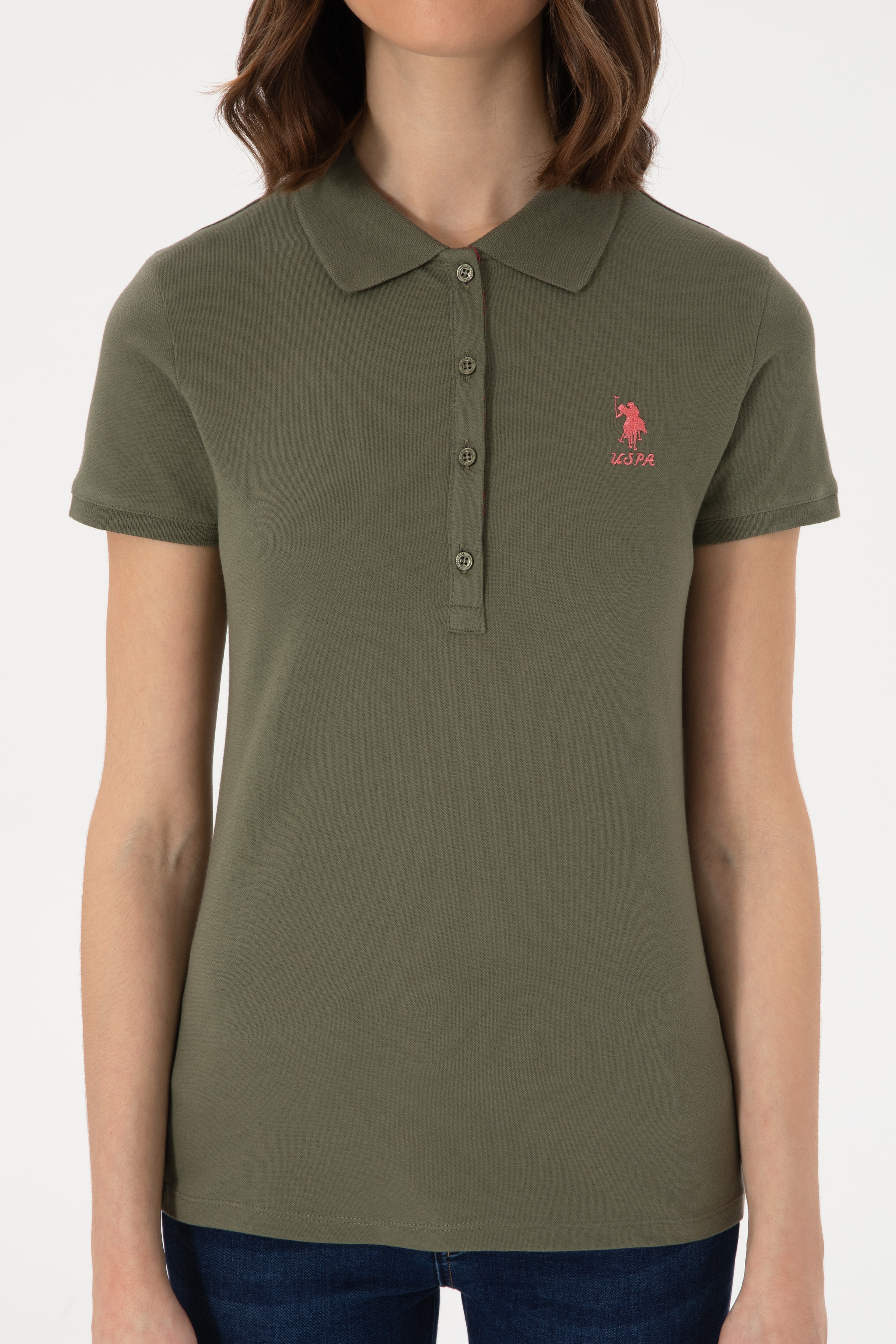 Kadın Koyu Haki Basic Polo Yaka Tişört