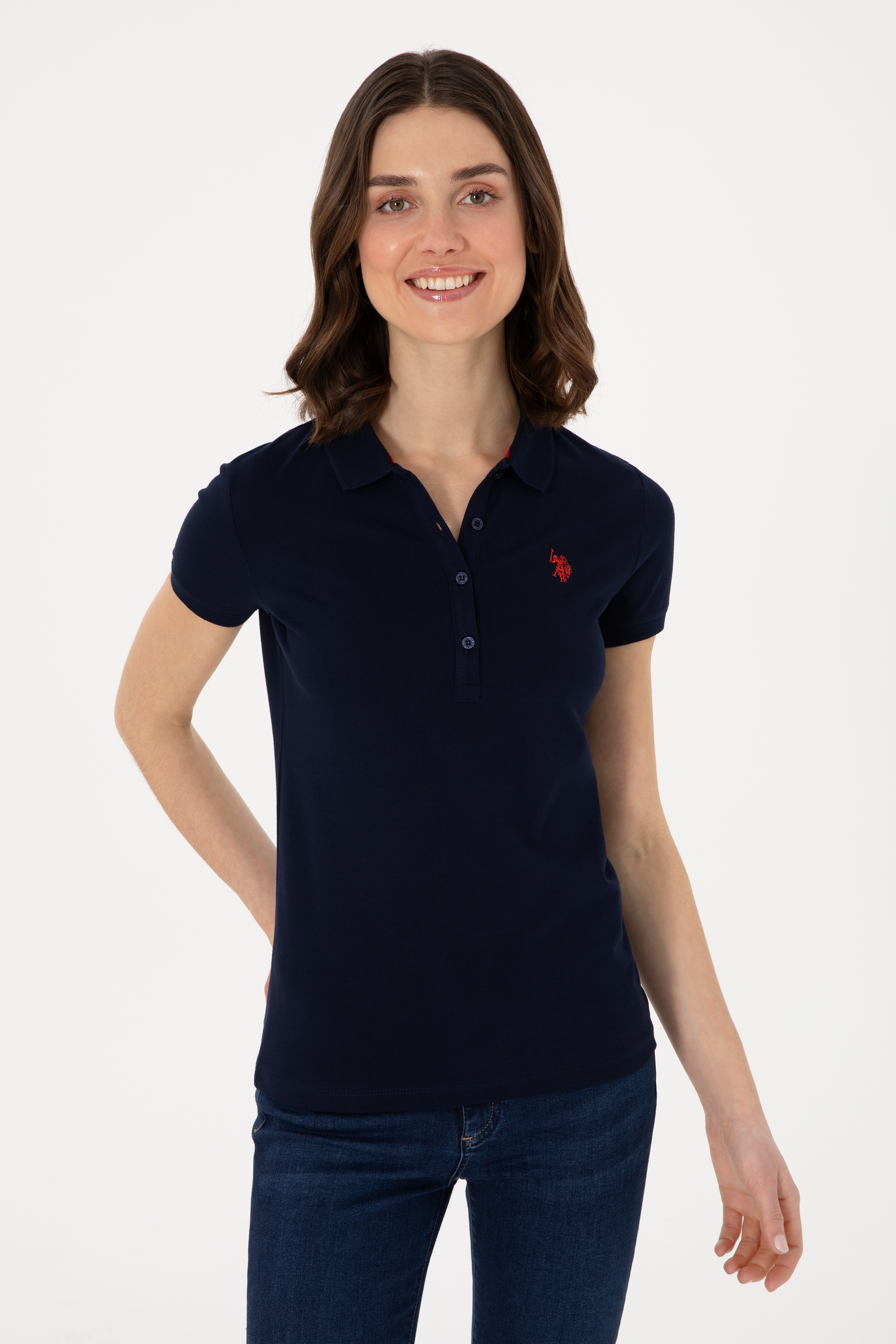 Kadın Lacivert Basic Polo Yaka Tişört - Image 3