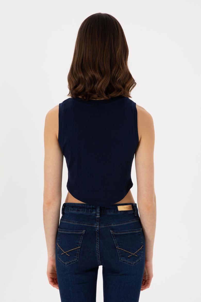 Kadın Lacivert Kolsuz Bisiklet Yaka Crop Basic Tişört - 50305695059