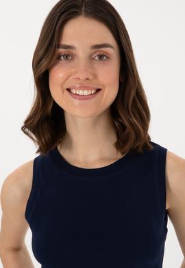 Kadın Lacivert Kolsuz Bisiklet Yaka Crop Basic Tişört - 50305695059