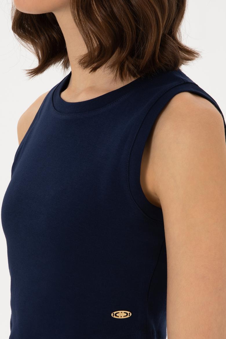 Kadın Lacivert Kolsuz Bisiklet Yaka Crop Basic Tişört - 50305695059