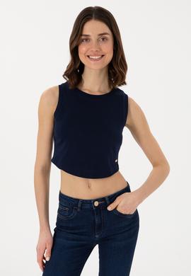 Kadın Lacivert Kolsuz Bisiklet Yaka Crop Basic Tişört - 50305695059