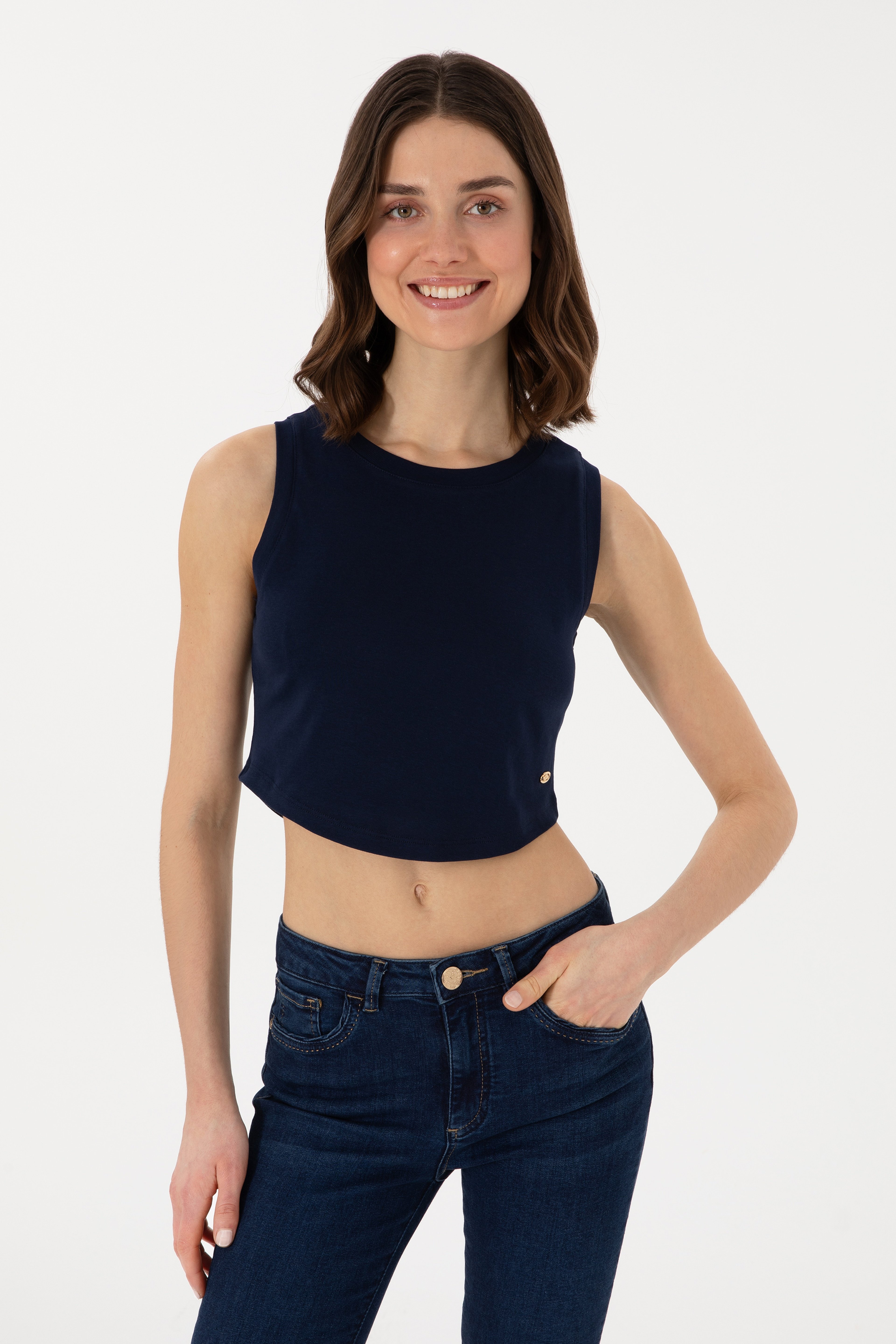 Kadın Lacivert Kolsuz Bisiklet Yaka Crop Basic Tişört - Image 3