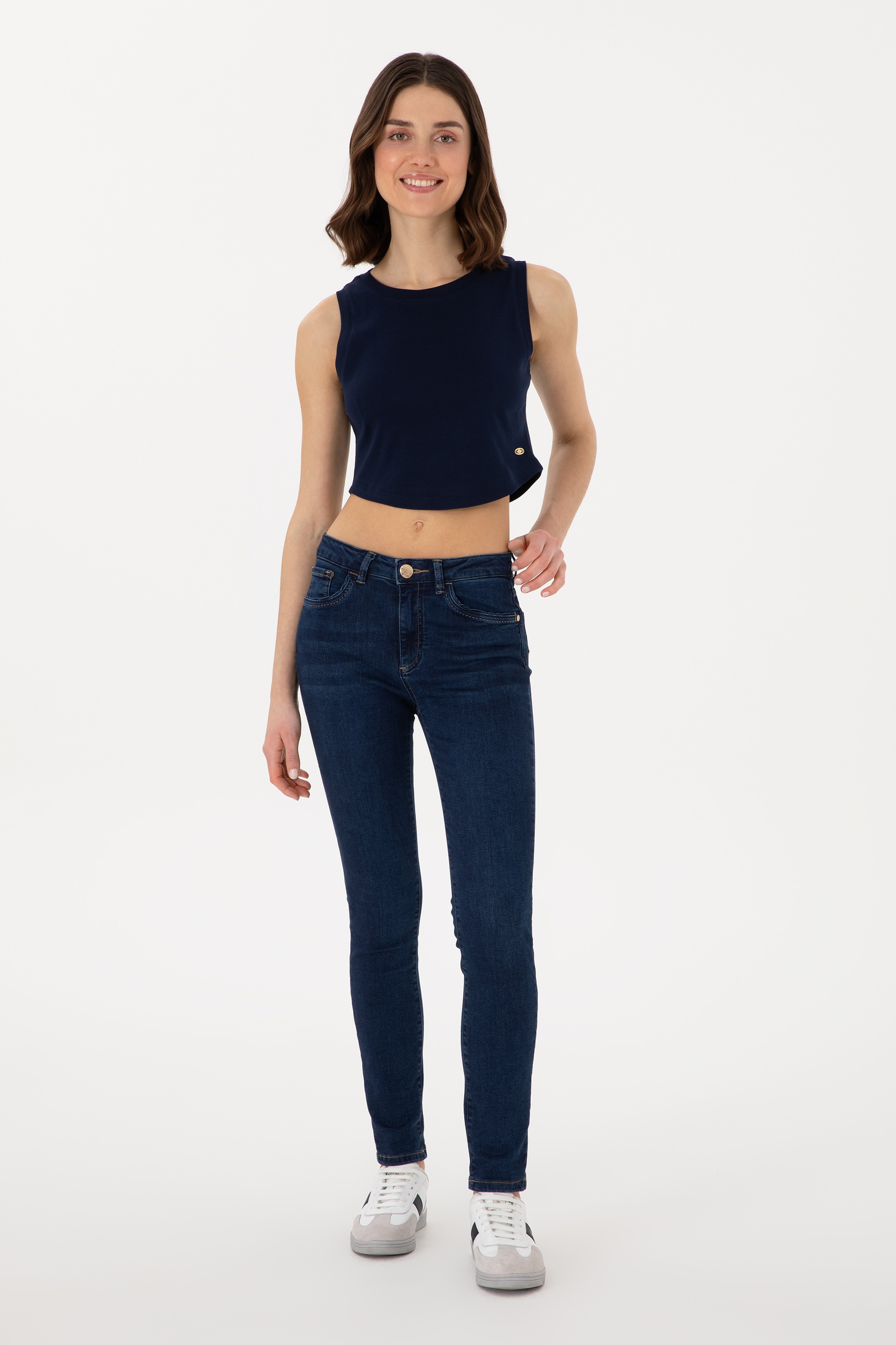 Kadın Lacivert Kolsuz Bisiklet Yaka Crop Basic Tişört - Image 4