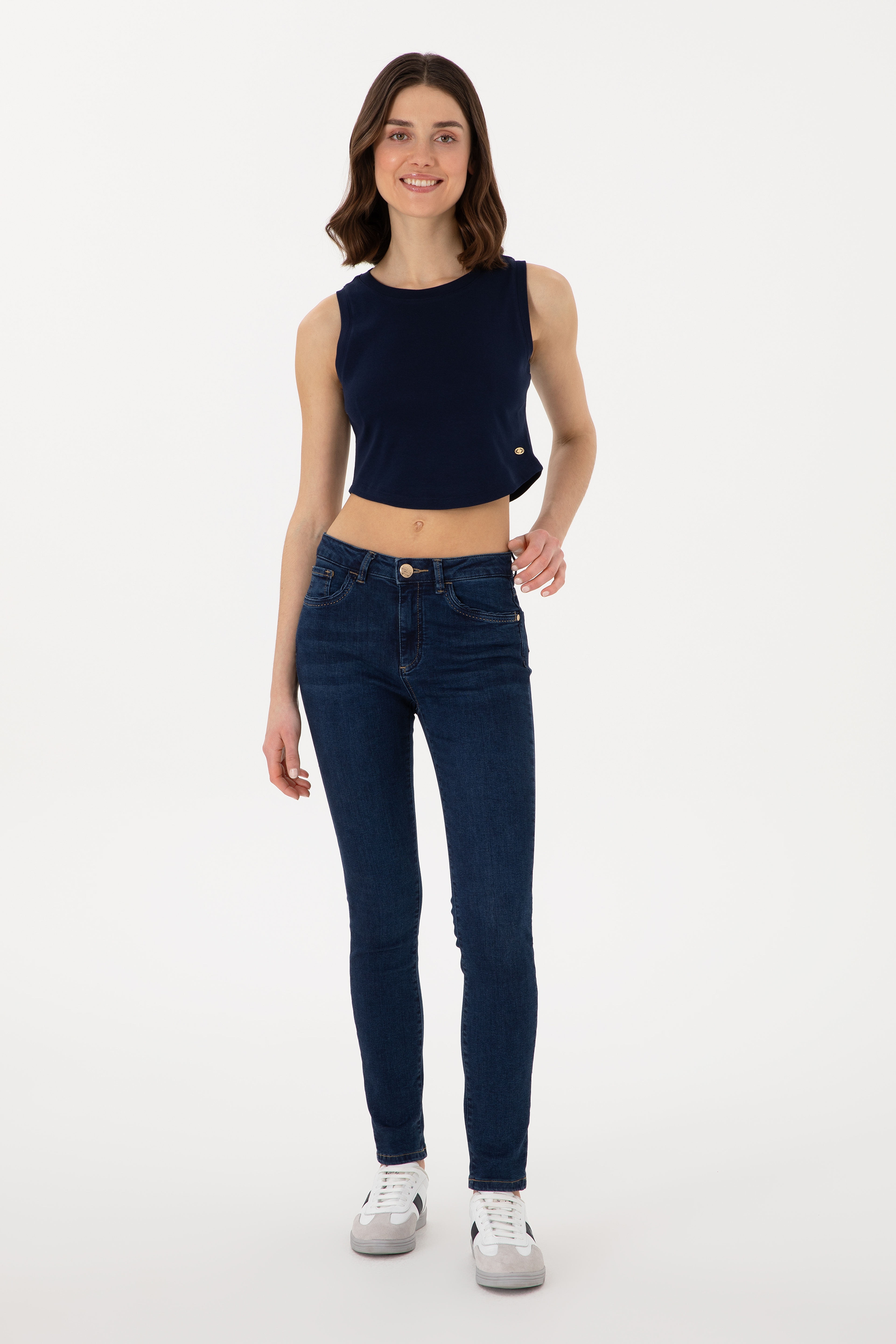 Kadın Lacivert Kolsuz Bisiklet Yaka Crop Basic Tişört