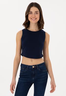 Kadın Lacivert Kolsuz Bisiklet Yaka Crop Basic Tişört - 50305695059