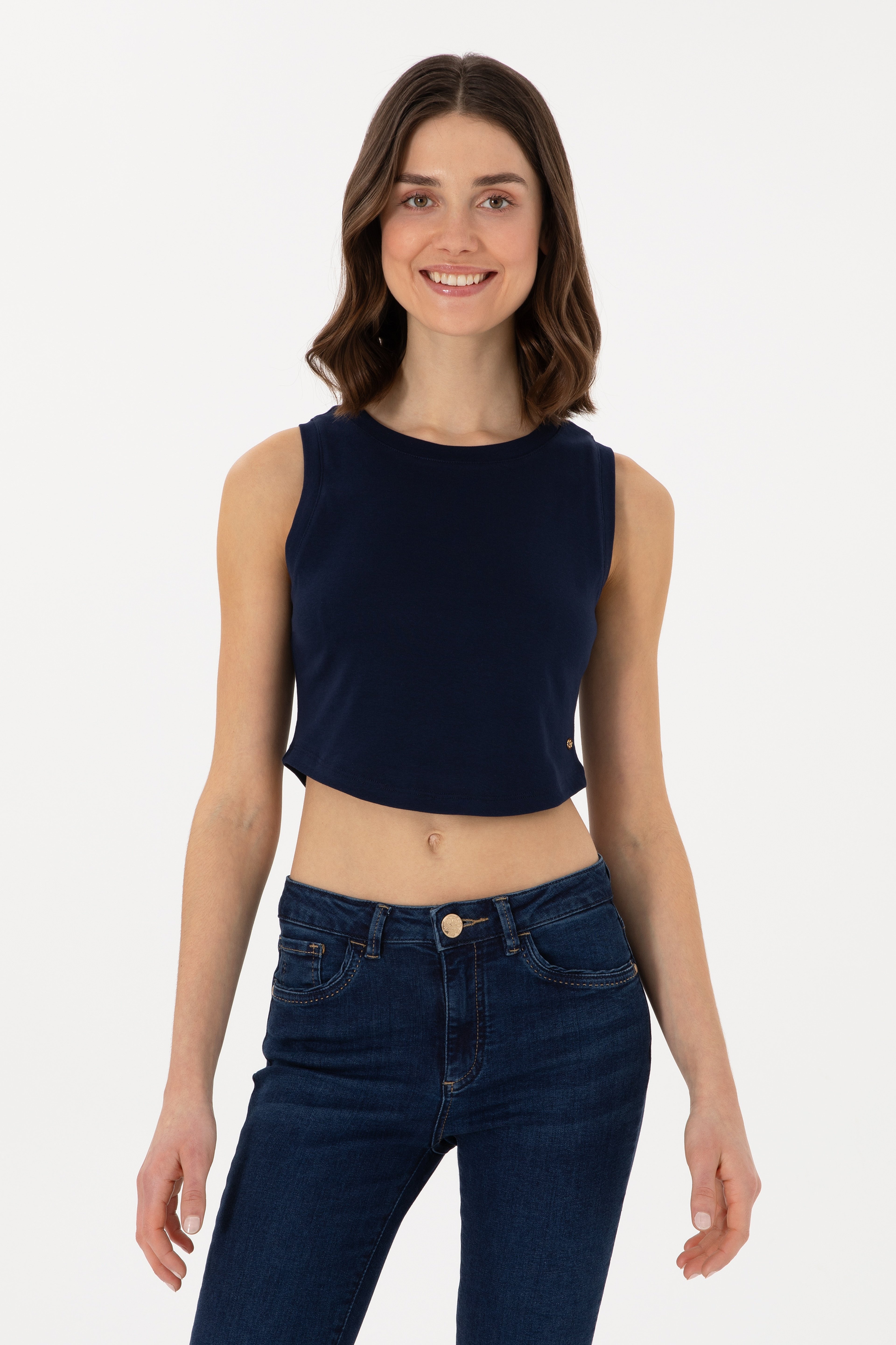 Kadın Lacivert Kolsuz Bisiklet Yaka Crop Basic Tişört - Image 1