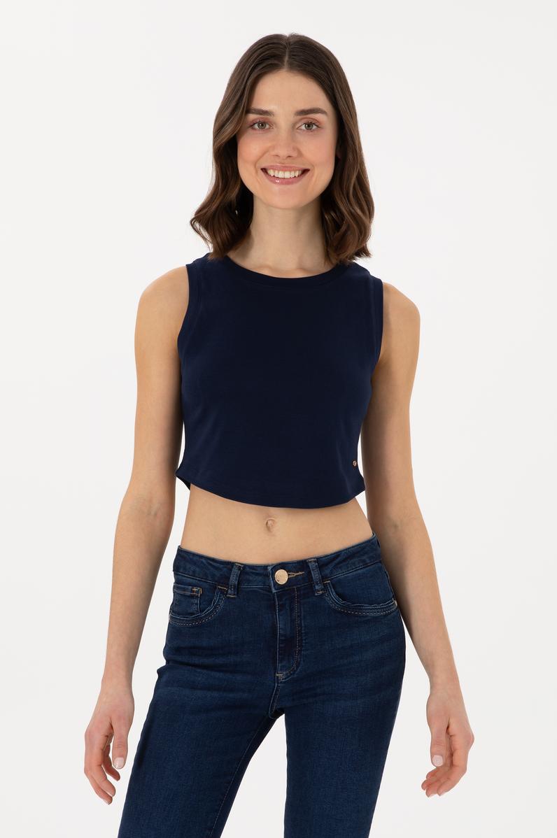 Kadın Lacivert Kolsuz Bisiklet Yaka Crop Basic Tişört