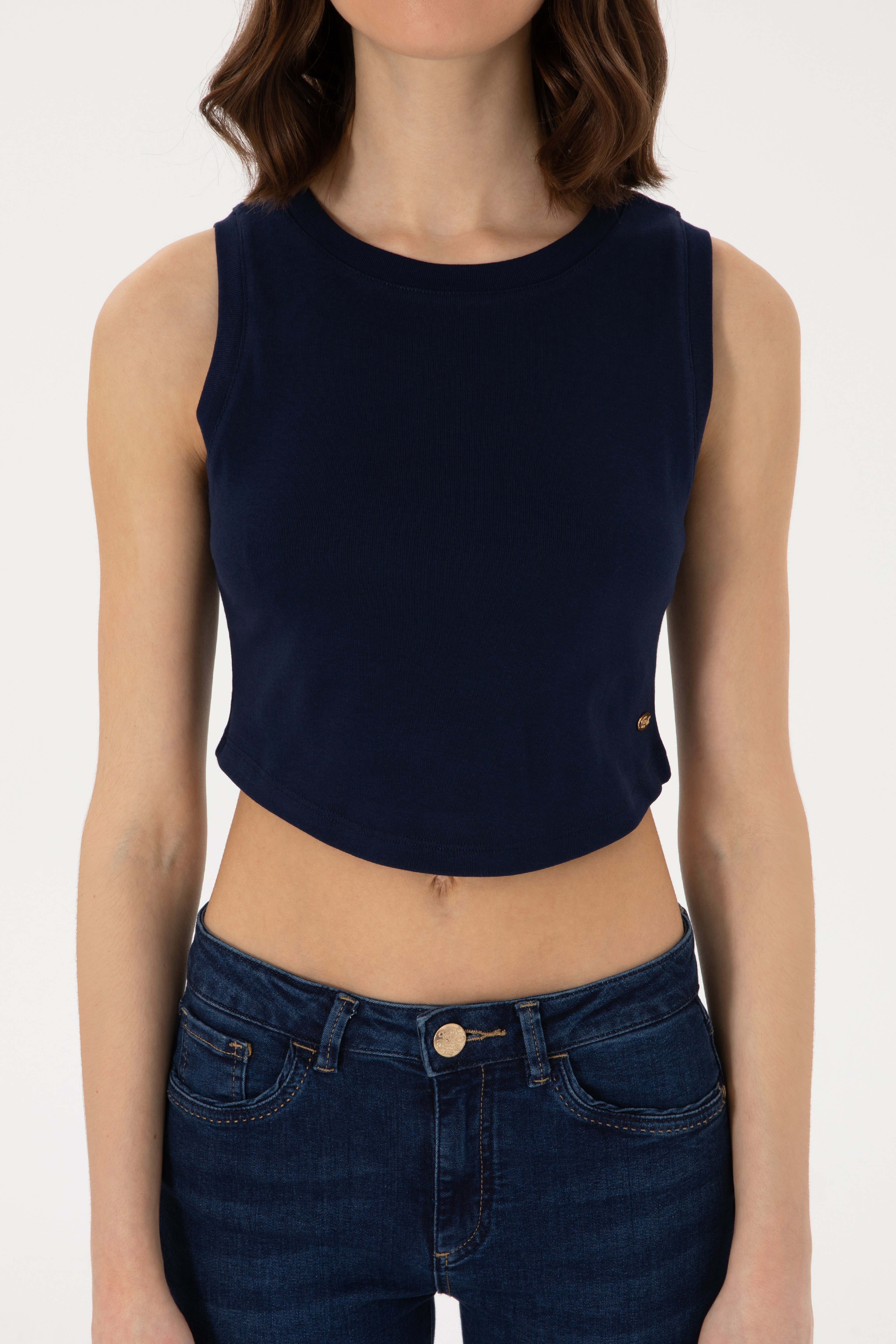 Kadın Lacivert Kolsuz Bisiklet Yaka Crop Basic Tişört - Image 6