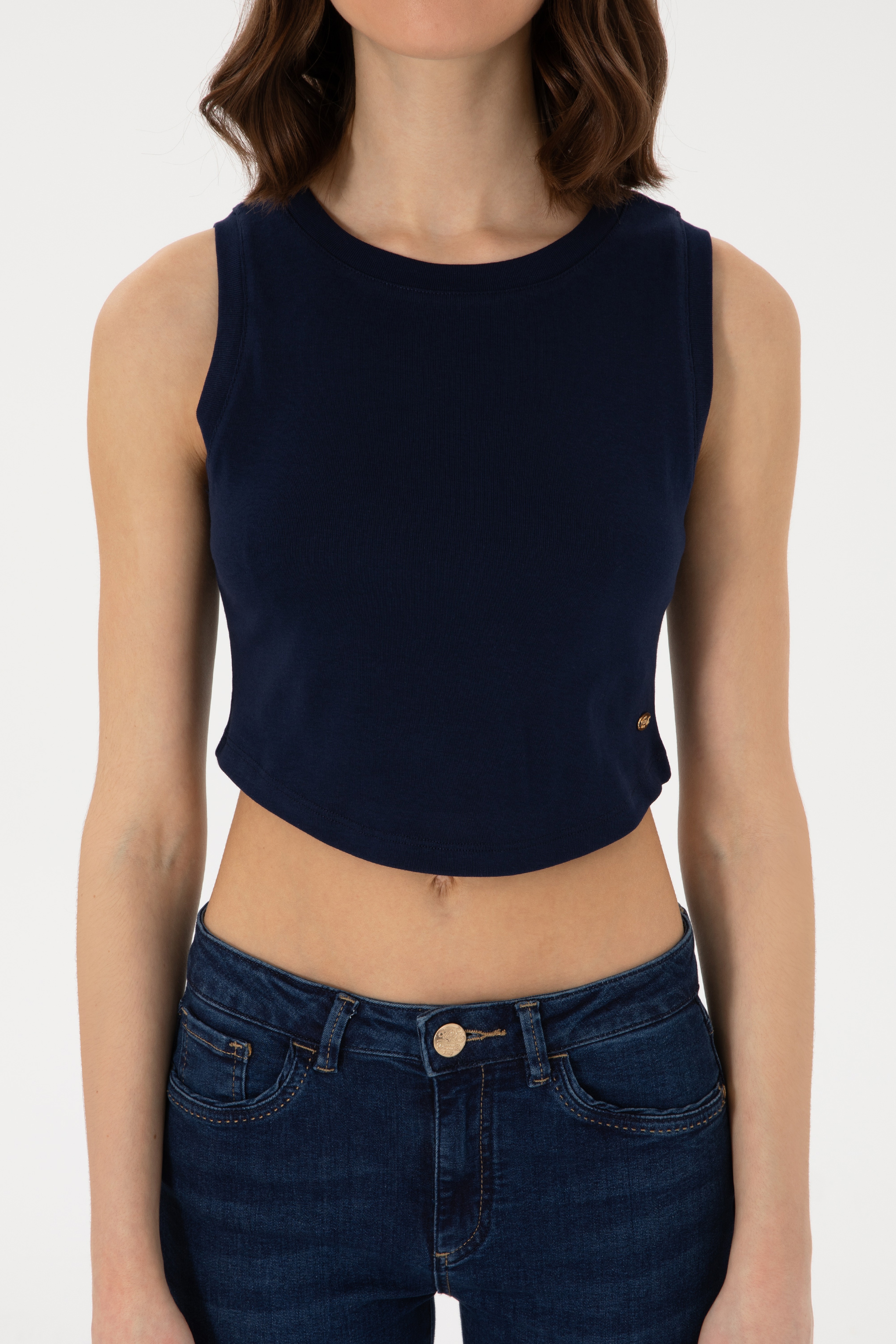 Kadın Lacivert Kolsuz Bisiklet Yaka Crop Basic Tişört