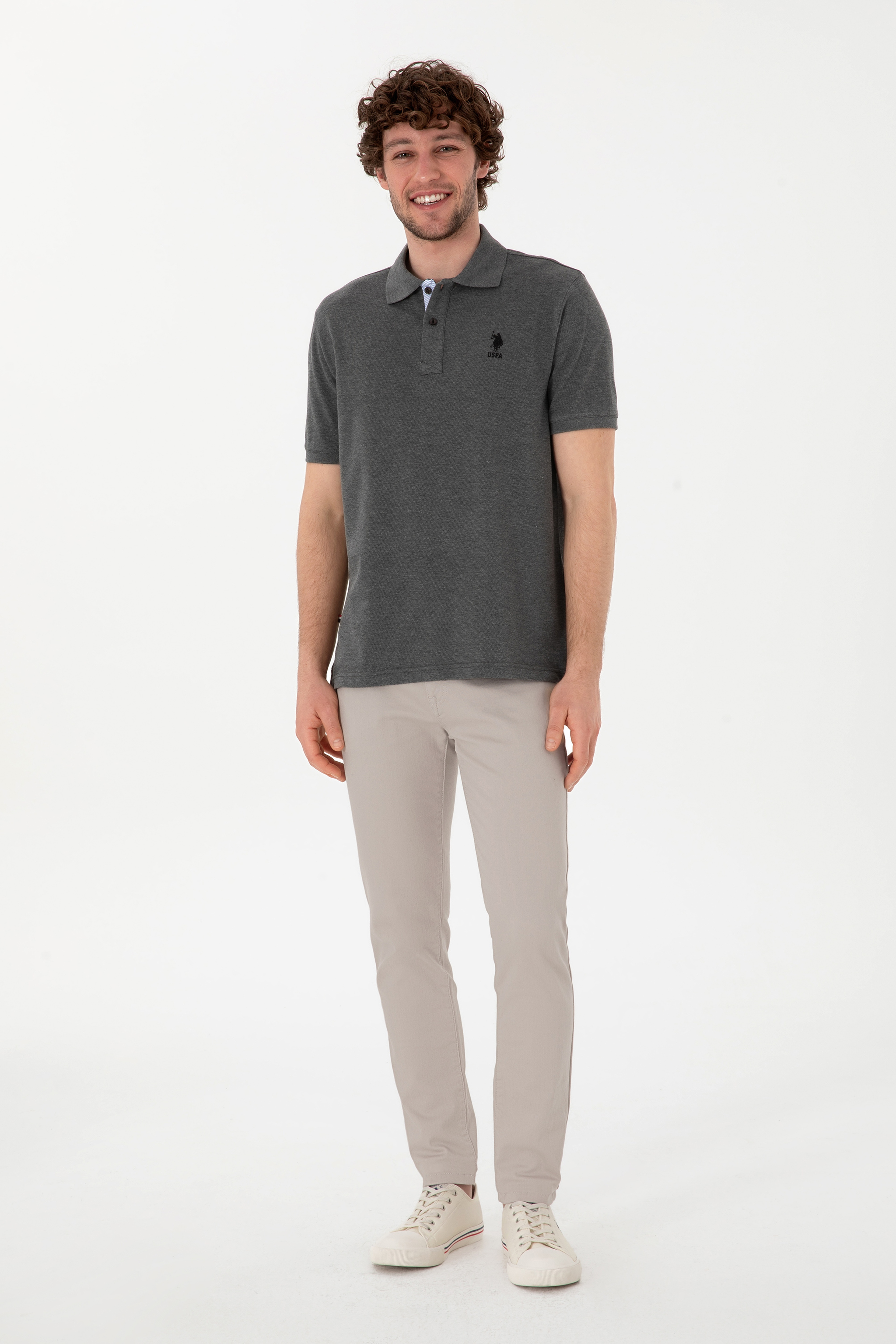 Erkek Regular Fit Polo Yaka Antrasit Melanj Basic Tişört - Image 4