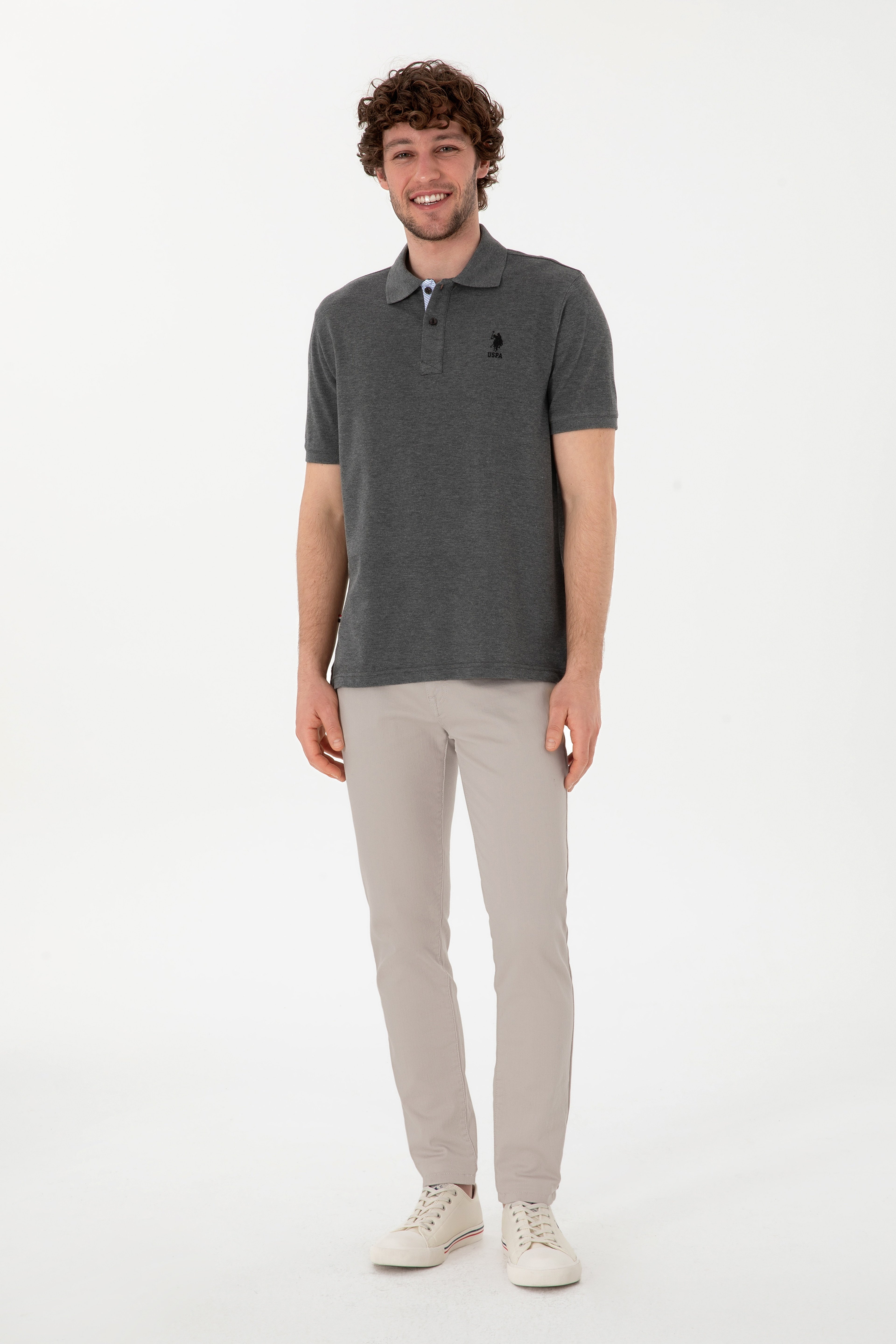 Erkek Regular Fit Polo Yaka Antrasit Melanj Basic Tişört