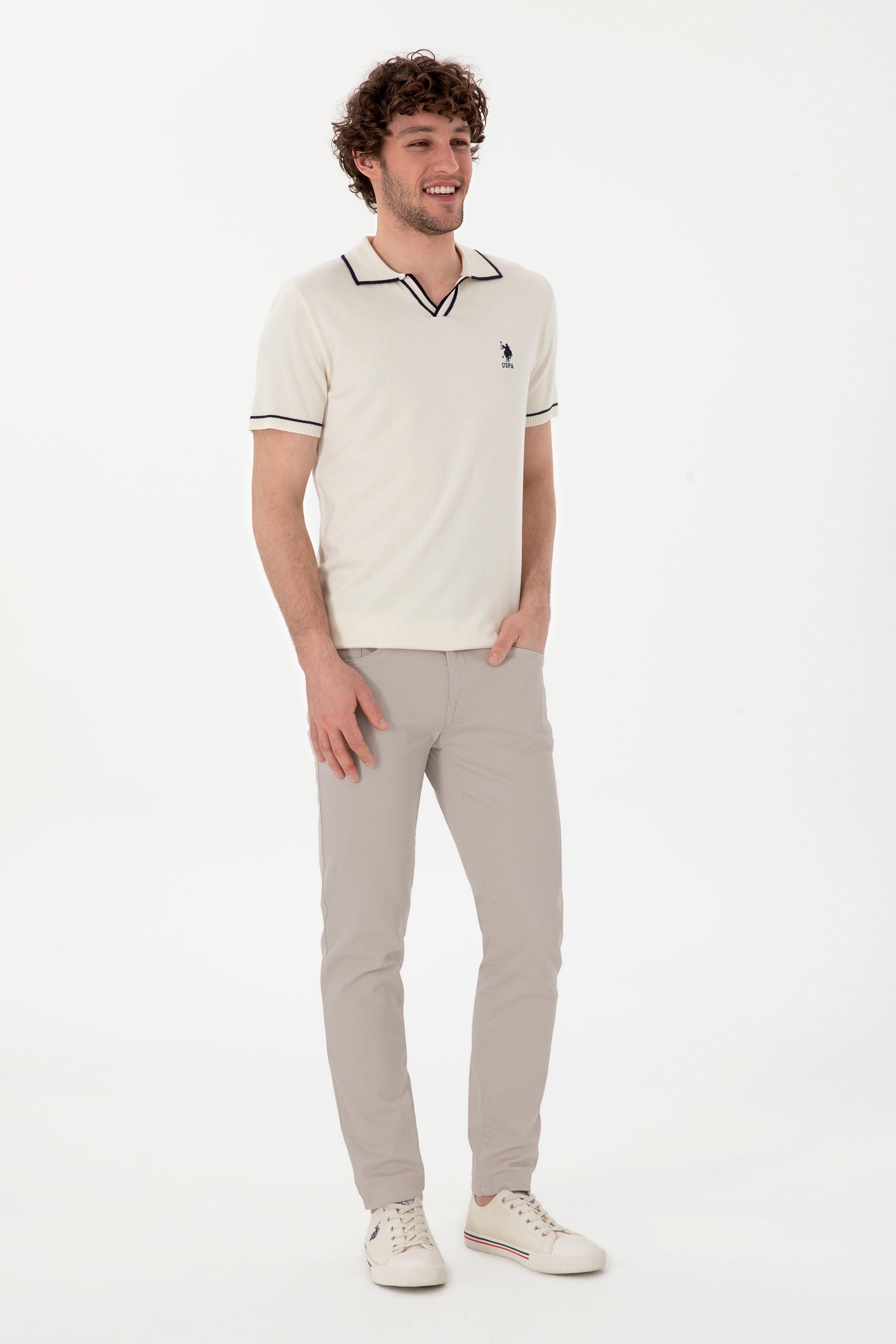 Erkek Slim Fit Polo Yaka Krem Triko Tişört - Image 4