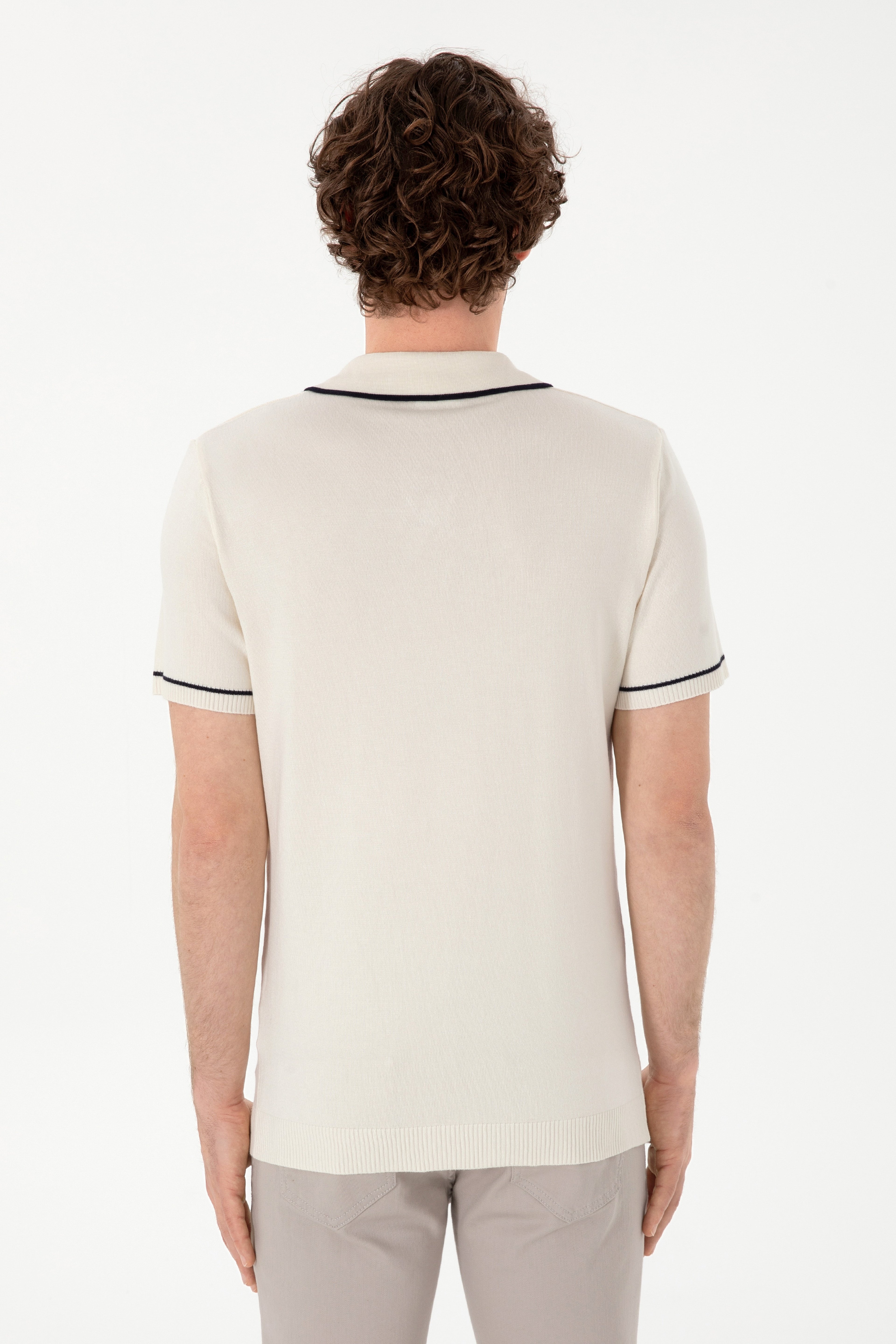Erkek Slim Fit Polo Yaka Krem Triko Tişört - Image 5