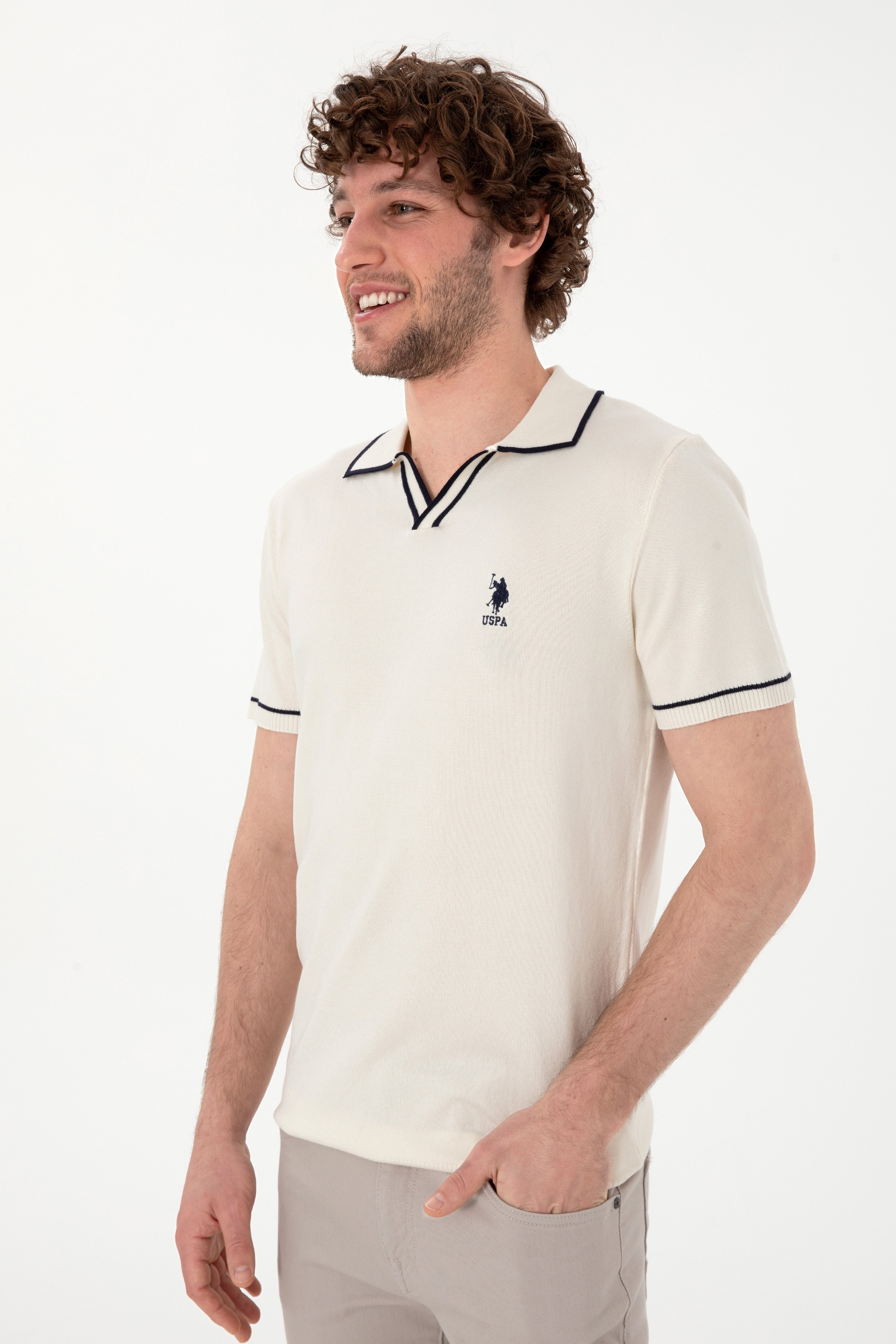 Erkek Slim Fit Polo Yaka Krem Triko Tişört - Image 3