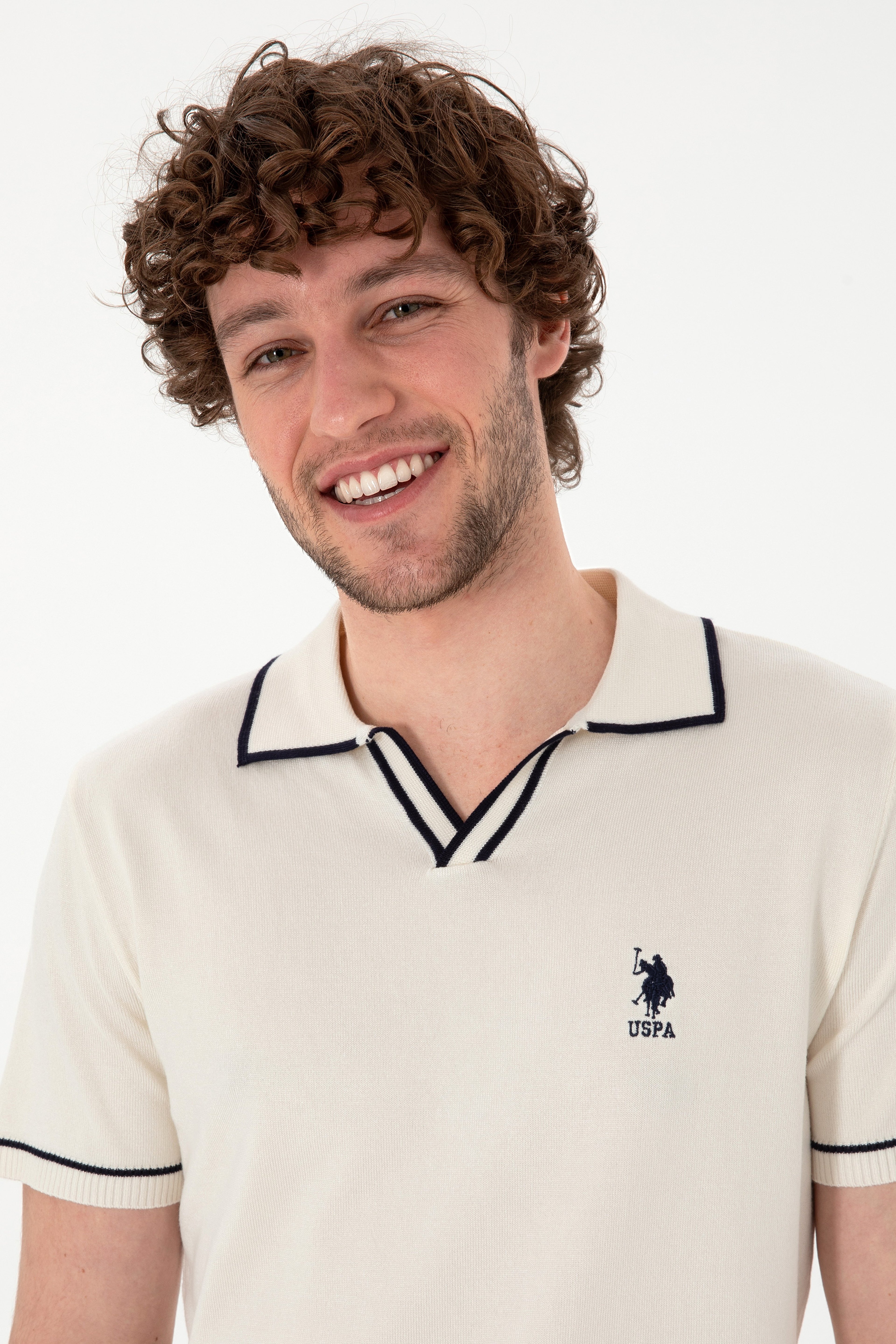 Erkek Slim Fit Polo Yaka Krem Triko Tişört