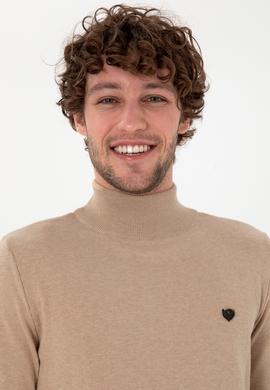 Erkek Slim Fit Yarım Balıkçı Yaka Kum Melanj Basic Kazak - 50294771037