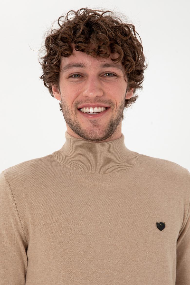 Erkek Slim Fit Yarım Balıkçı Yaka Kum Melanj Basic Kazak - 50294771037