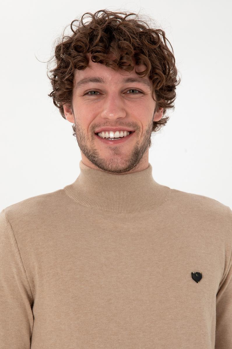 Erkek Slim Fit Yarım Balıkçı Yaka Kum Melanj Basic Kazak