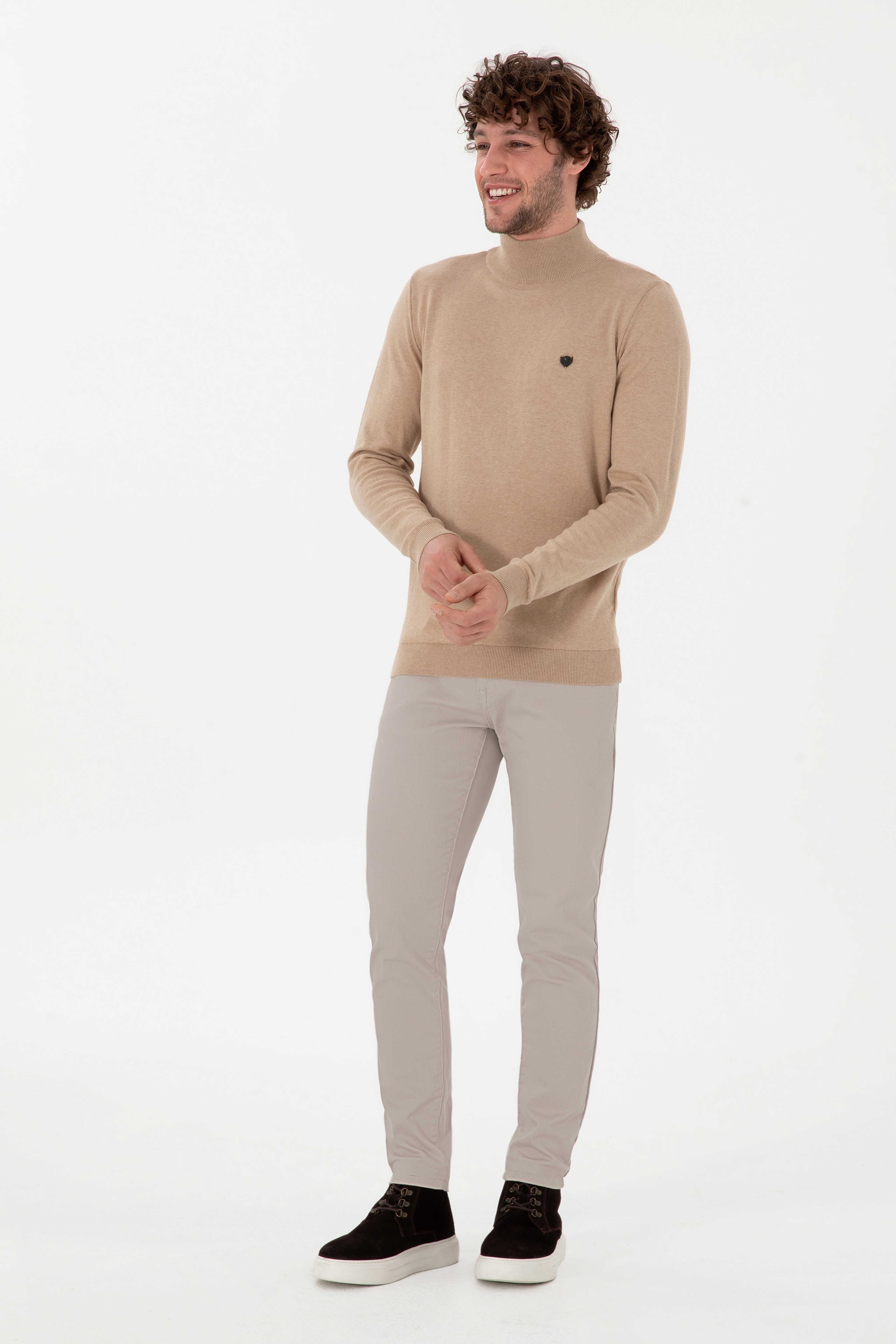 Erkek Slim Fit Yarım Balıkçı Yaka Kum Melanj Basic Kazak - Image 4