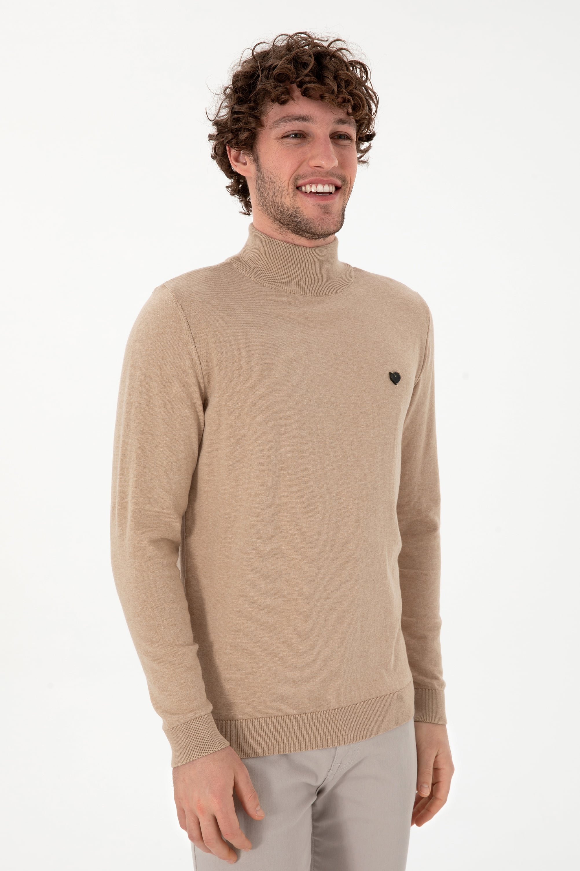 Erkek Slim Fit Yarım Balıkçı Yaka Kum Melanj Basic Kazak