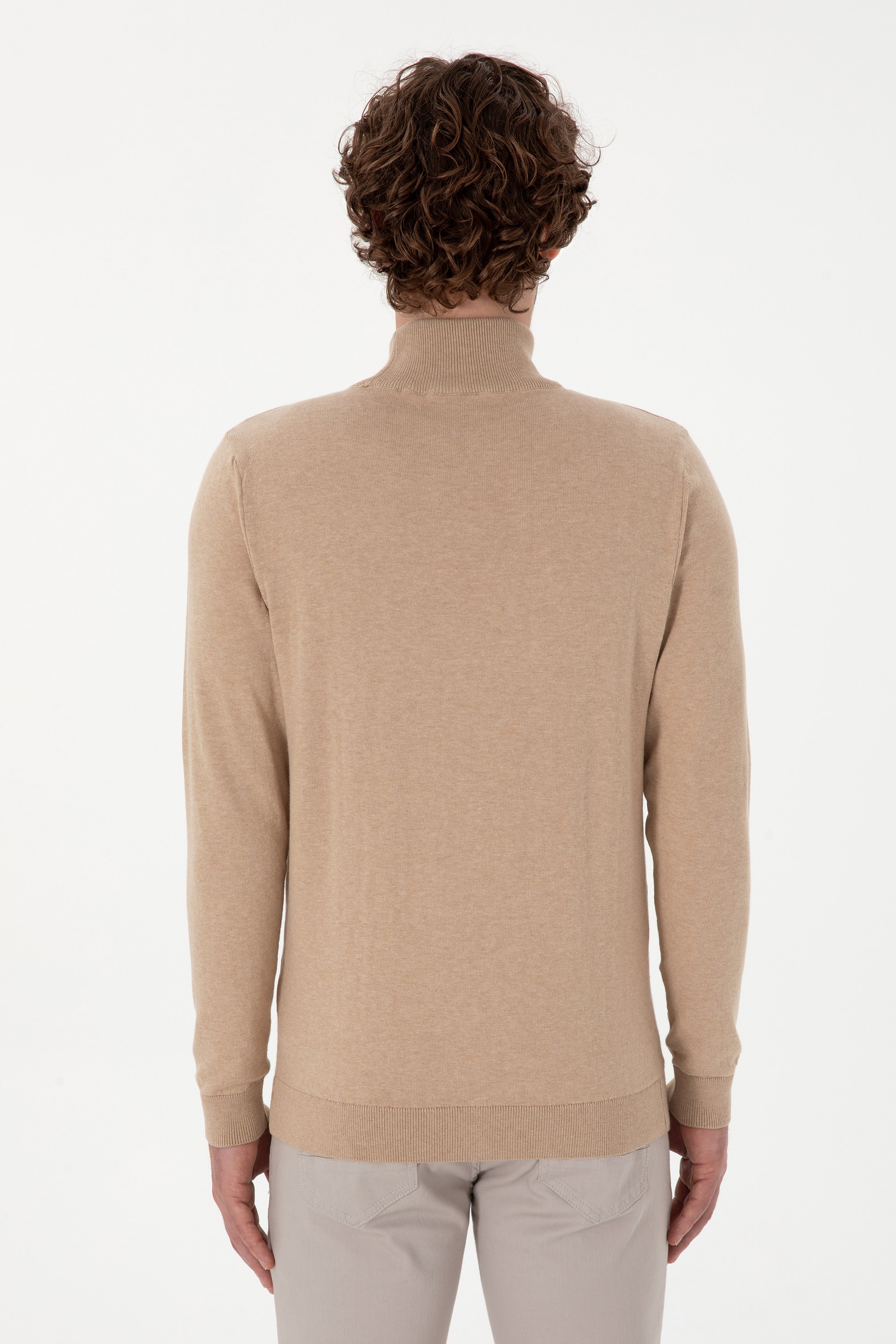 Erkek Slim Fit Yarım Balıkçı Yaka Kum Melanj Basic Kazak - Image 5