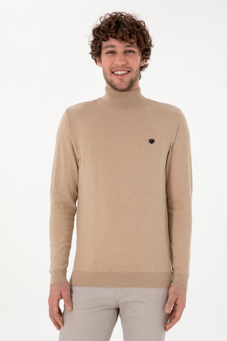 Erkek Slim Fit Yarım Balıkçı Yaka Kum Melanj Basic Kazak