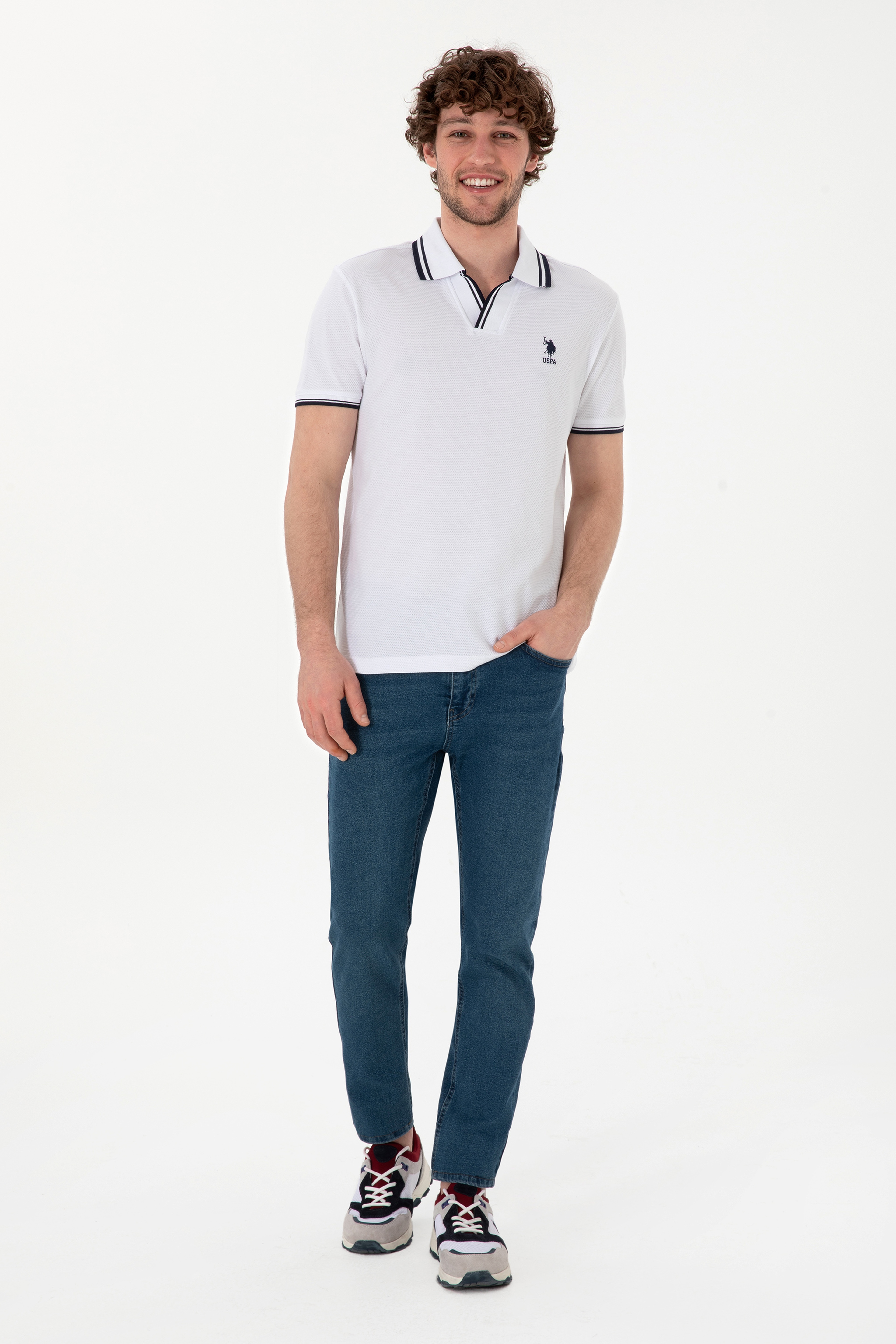 Erkek Slim Fit Polo Yaka Beyaz Tişört - Image 4