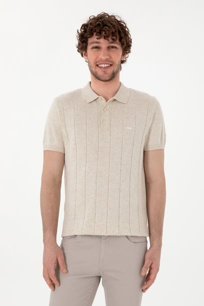 Erkek Slim Fit Polo Yaka Krem Triko Tişört