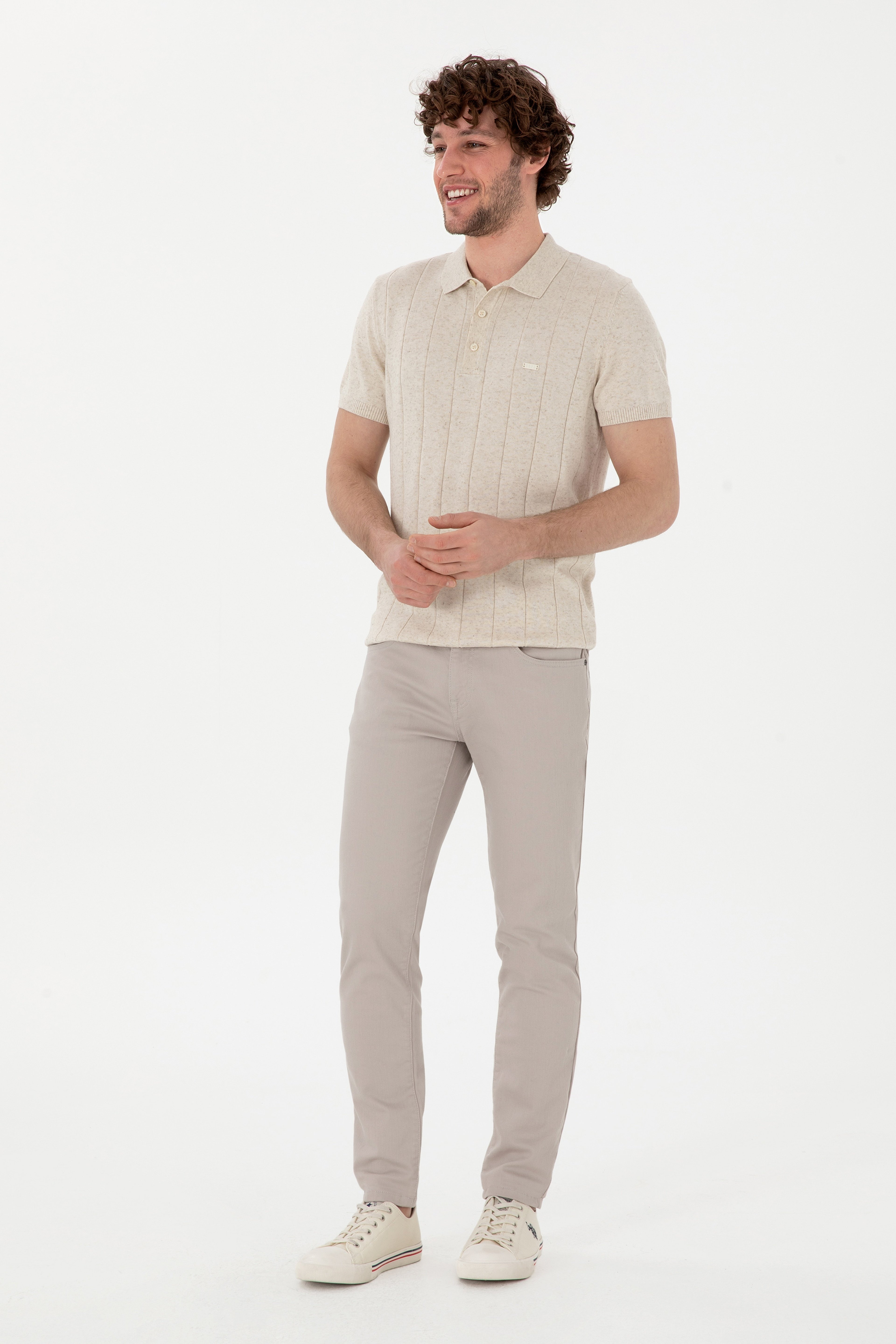 Erkek Slim Fit Polo Yaka Krem Triko Tişört - Image 4