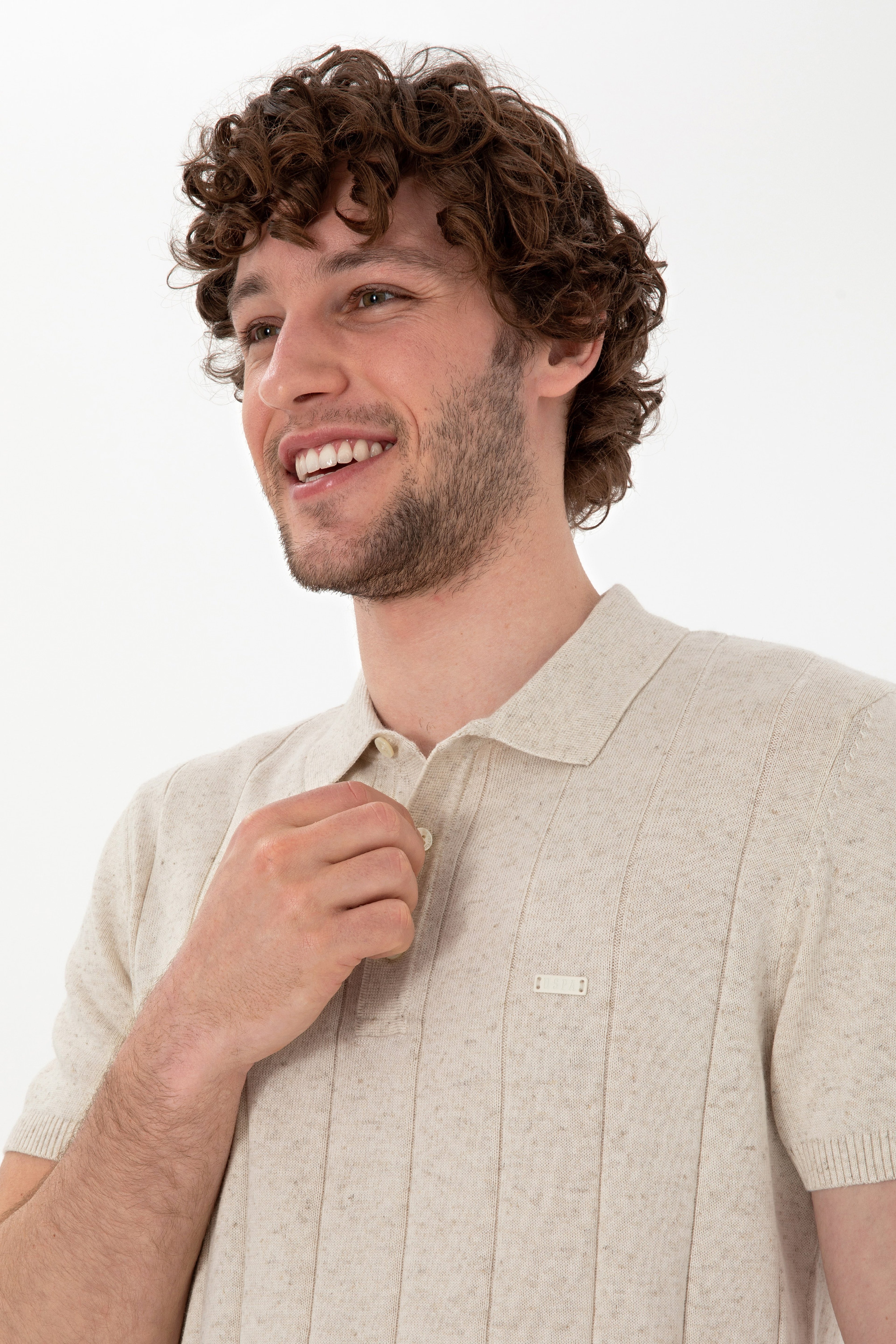 Erkek Slim Fit Polo Yaka Krem Triko Tişört - Image 2