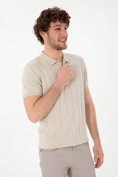 Erkek Slim Fit Polo Yaka Krem Triko Tişört