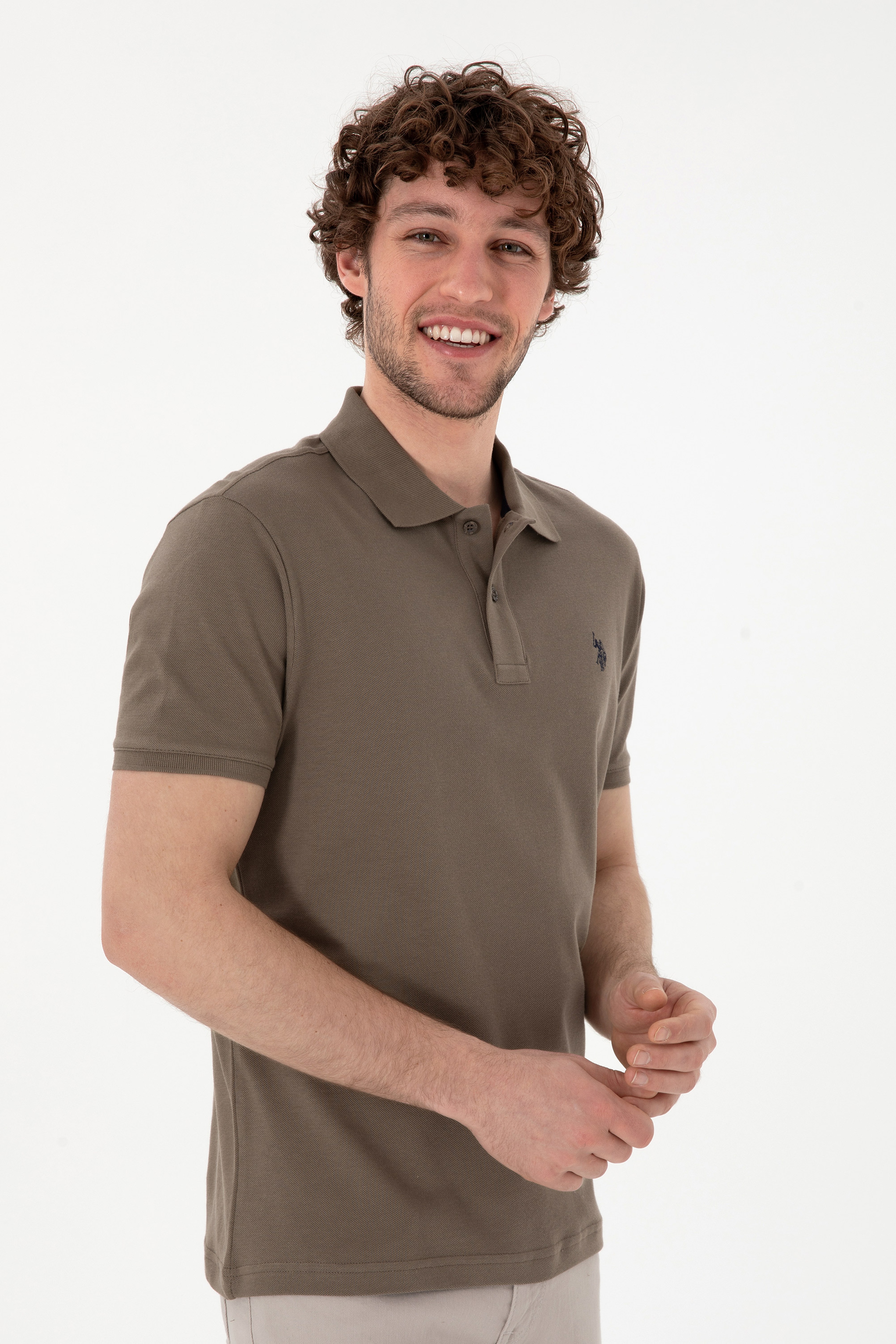 Erkek Slim Fit Polo Yaka Vizon Basic Tişört