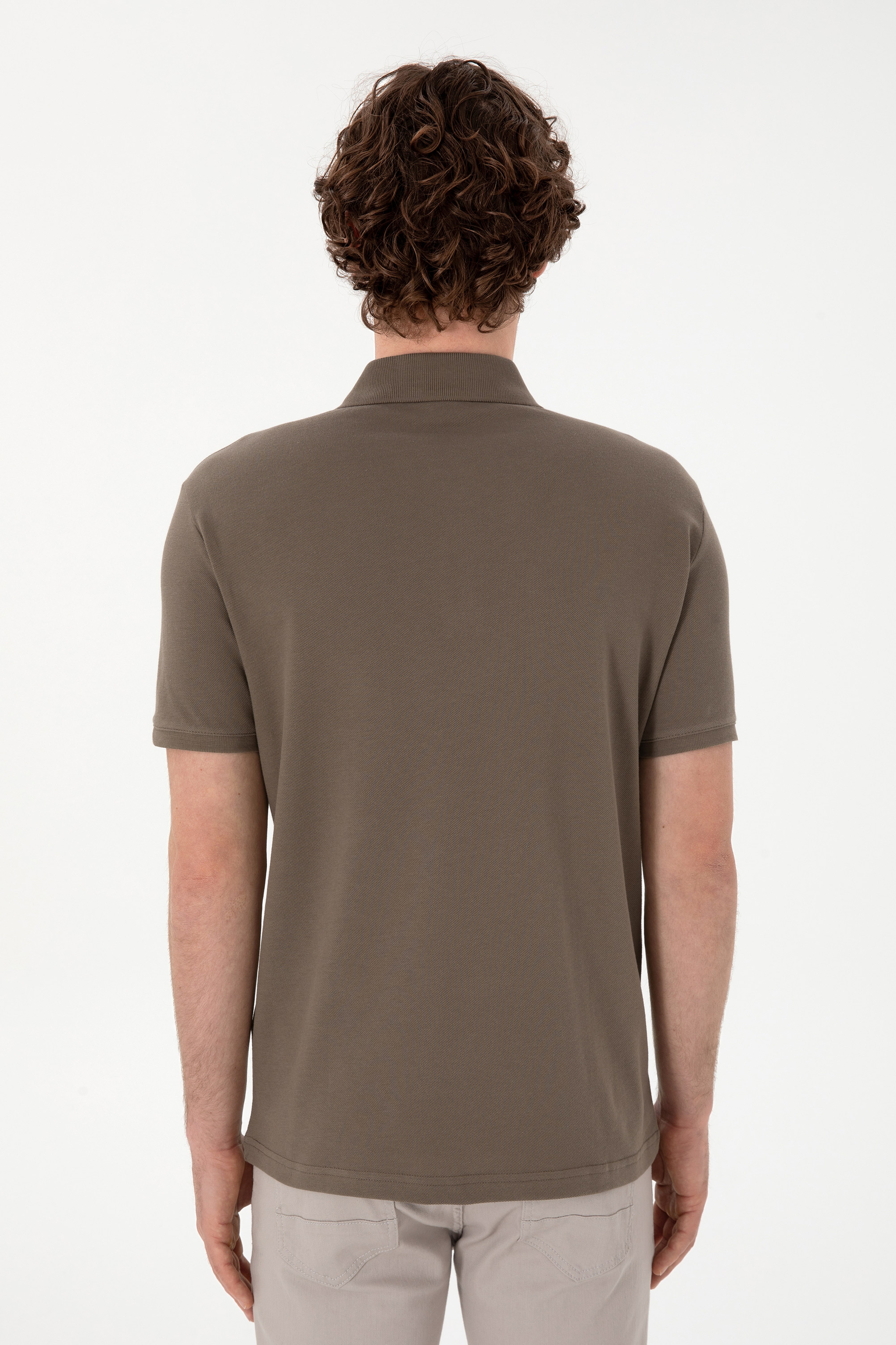Erkek Slim Fit Polo Yaka Vizon Basic Tişört