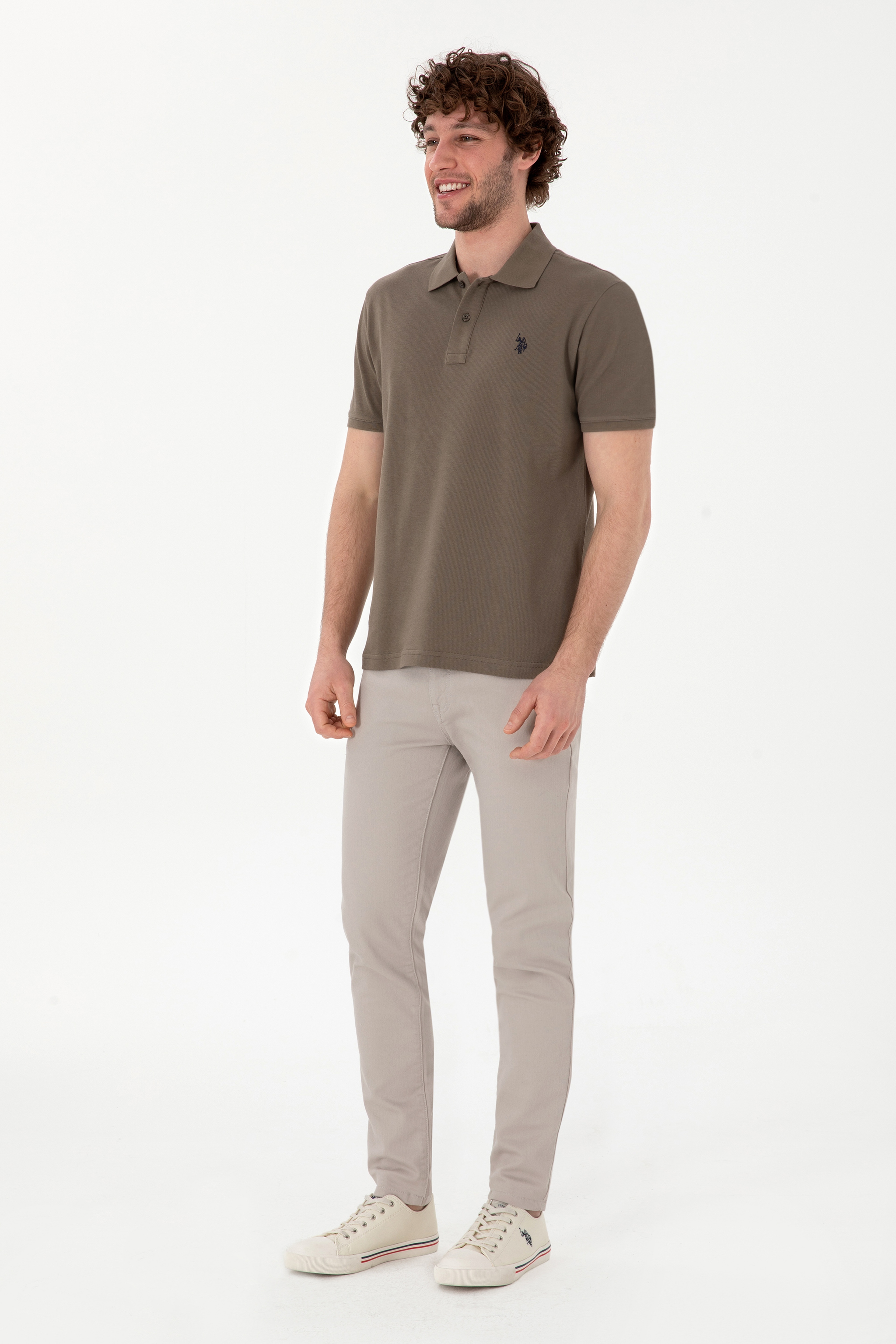 Erkek Slim Fit Polo Yaka Vizon Basic Tişört