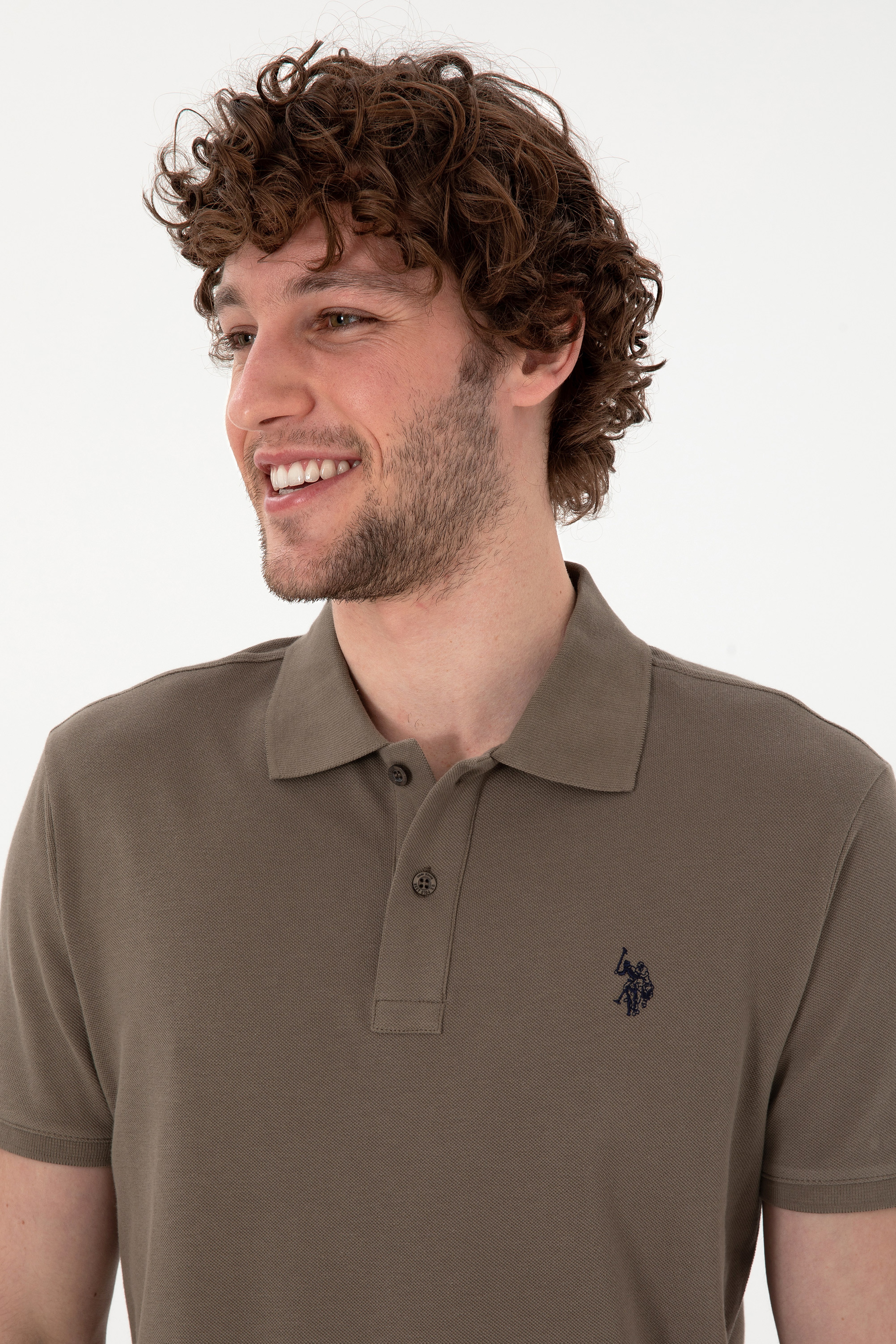 Erkek Slim Fit Polo Yaka Vizon Basic Tişört