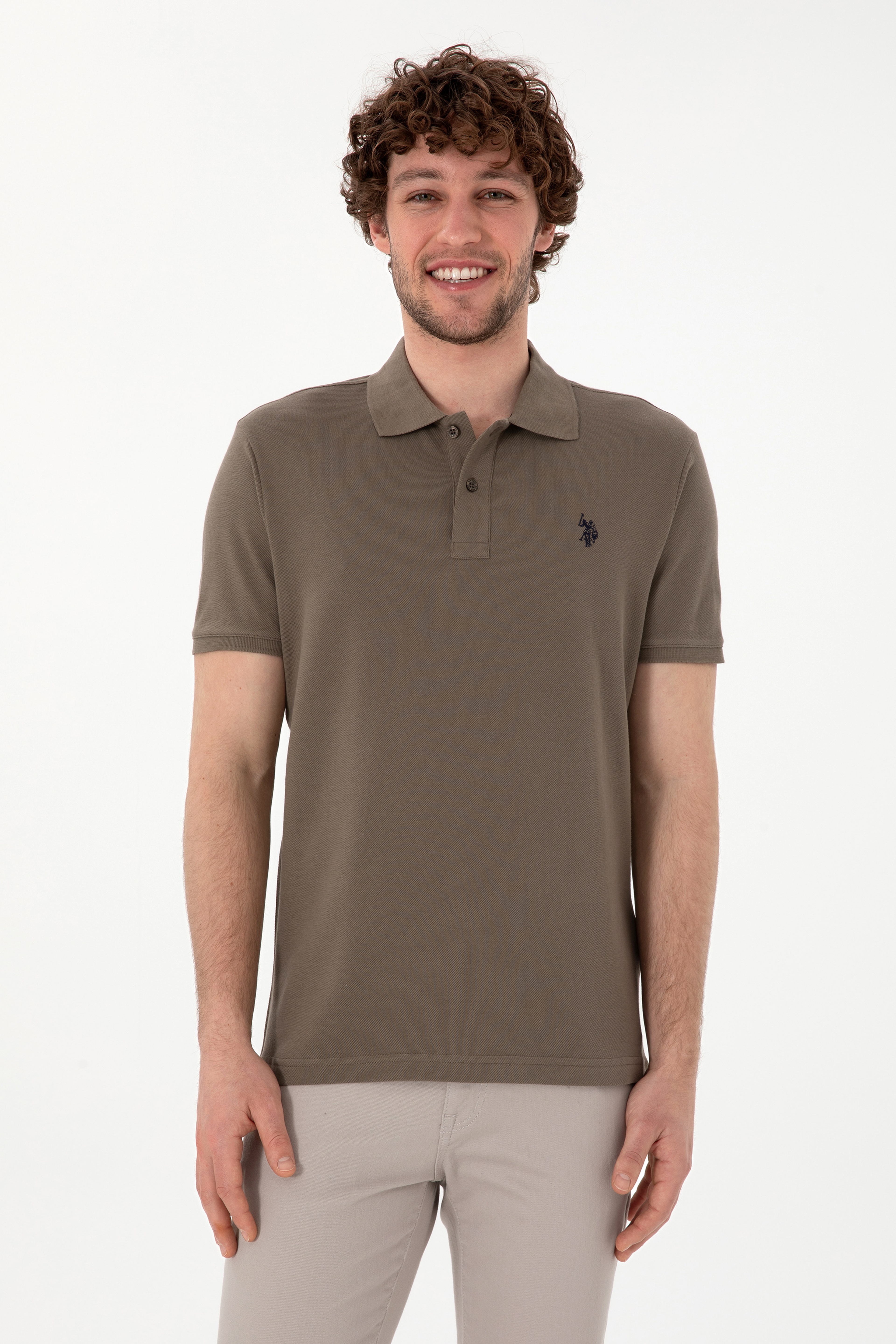 Erkek Slim Fit Polo Yaka Vizon Basic Tişört - Image 1