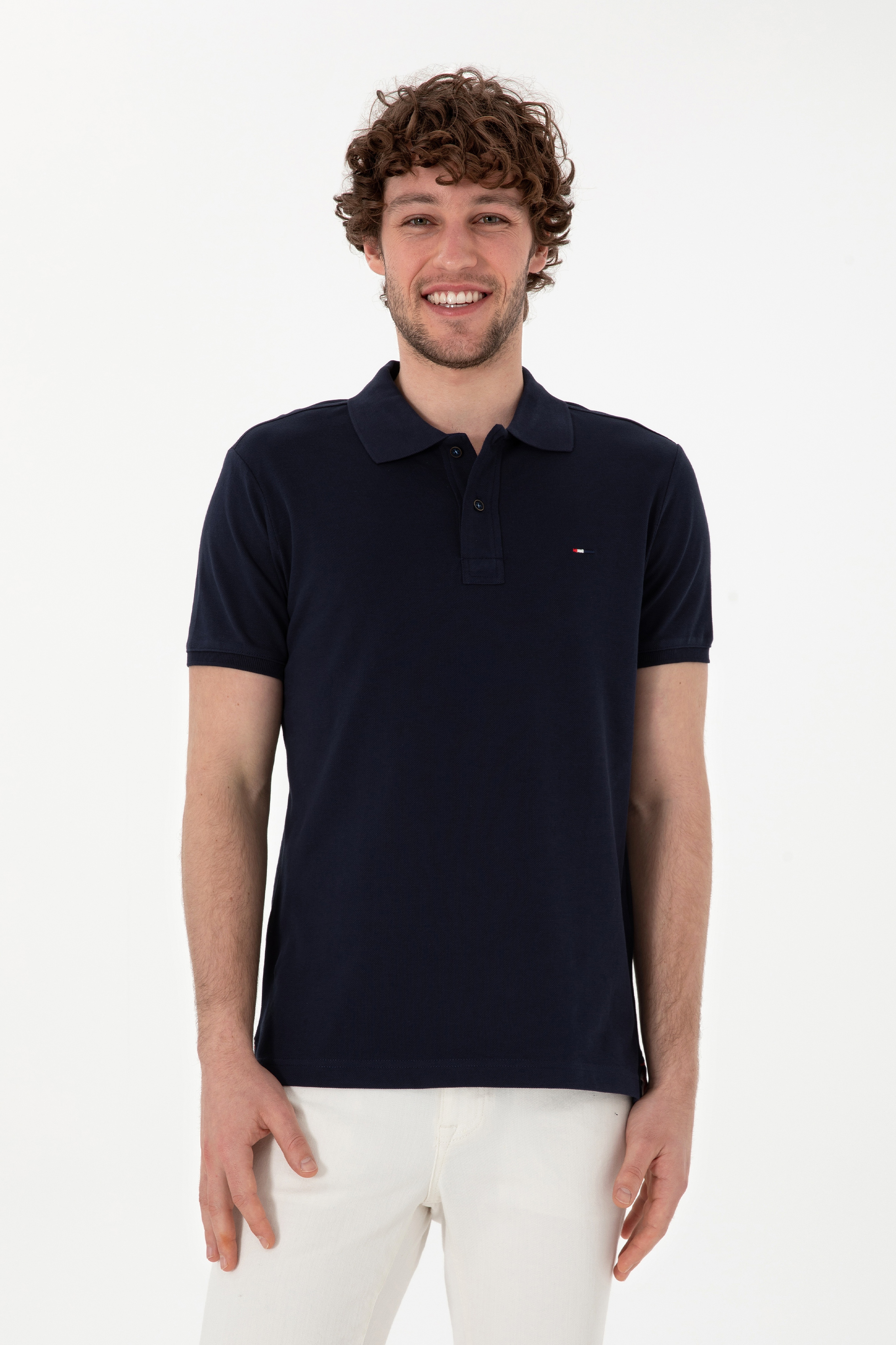 Erkek Slim Fit Polo Yaka Lacivert Basic Tişört - Image 1