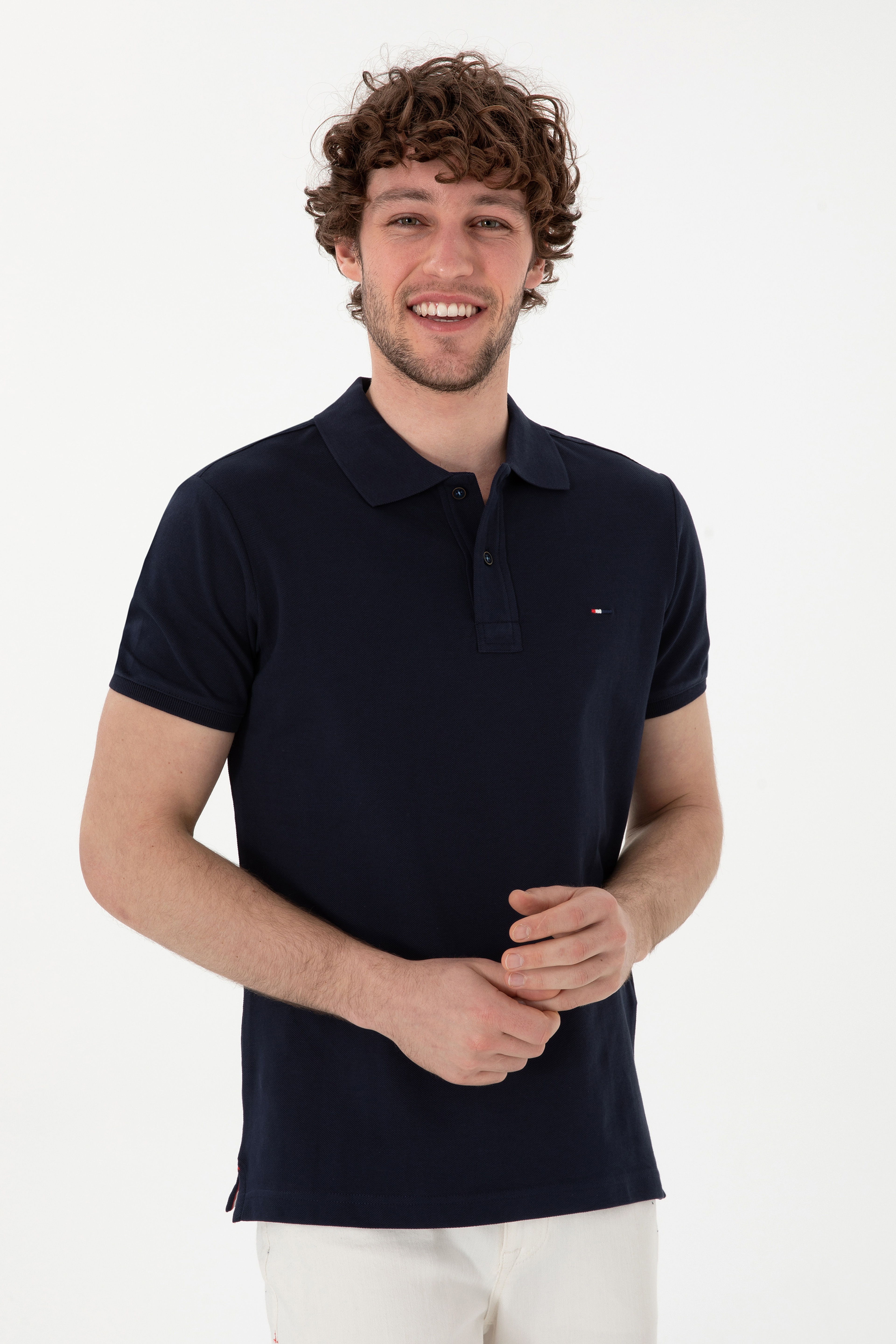 Erkek Slim Fit Polo Yaka Lacivert Basic Tişört - Image 3